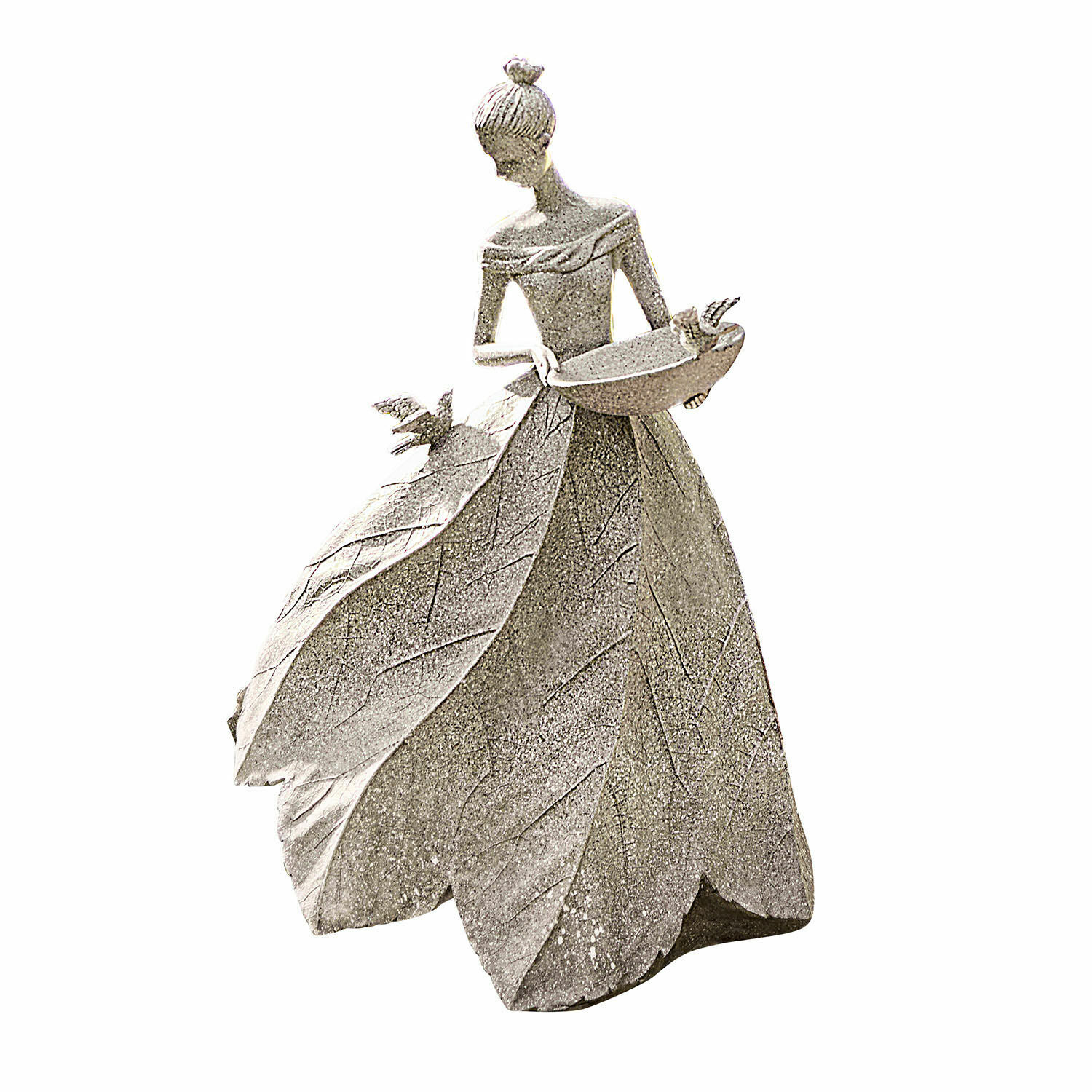 Skulptur Sullon Figur einer Frau mit Blätterkleid, Schale und Vögeln aus grauem Stein als Gartendekor