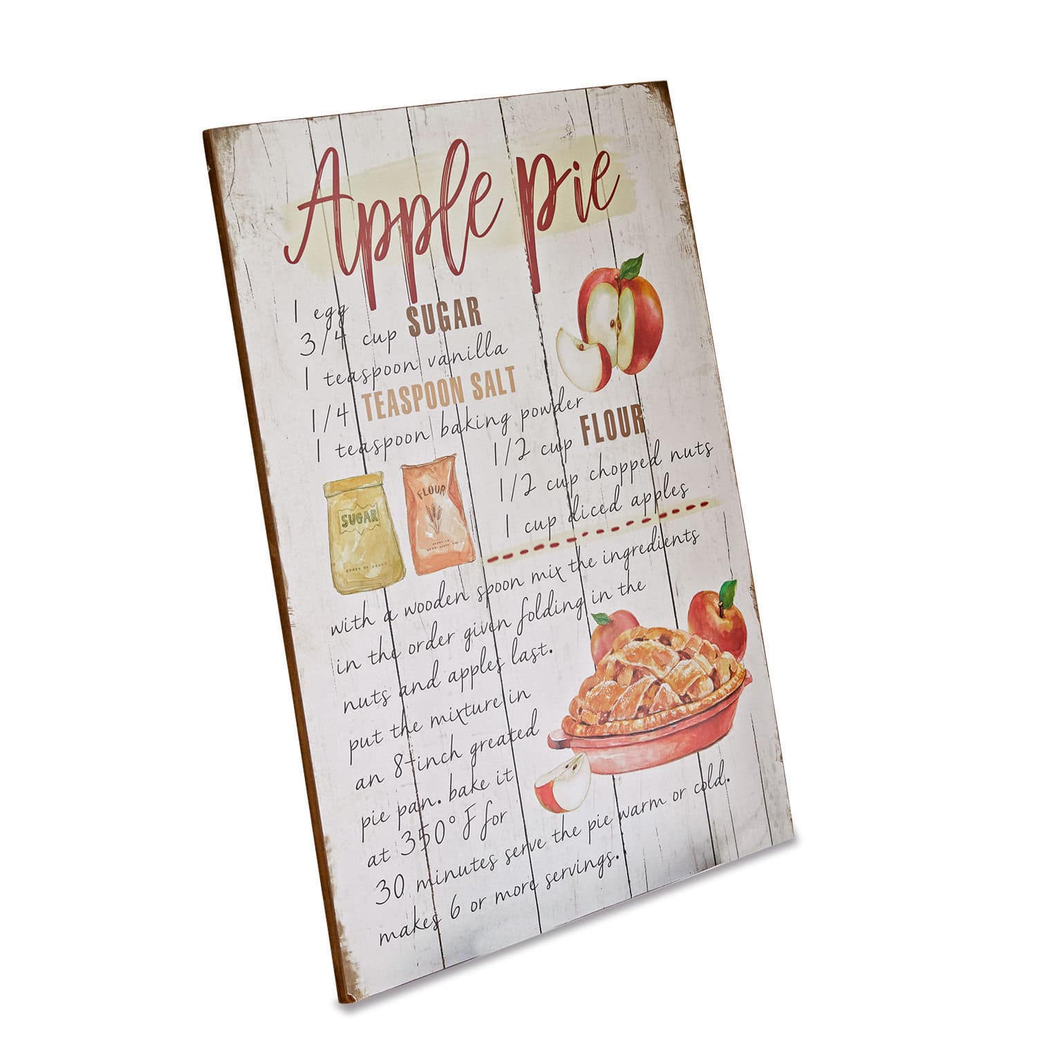 Dekorative Tafel mit Apfelkuchenrezept auf Holz mit Illustrationen von Äpfeln und Zutaten