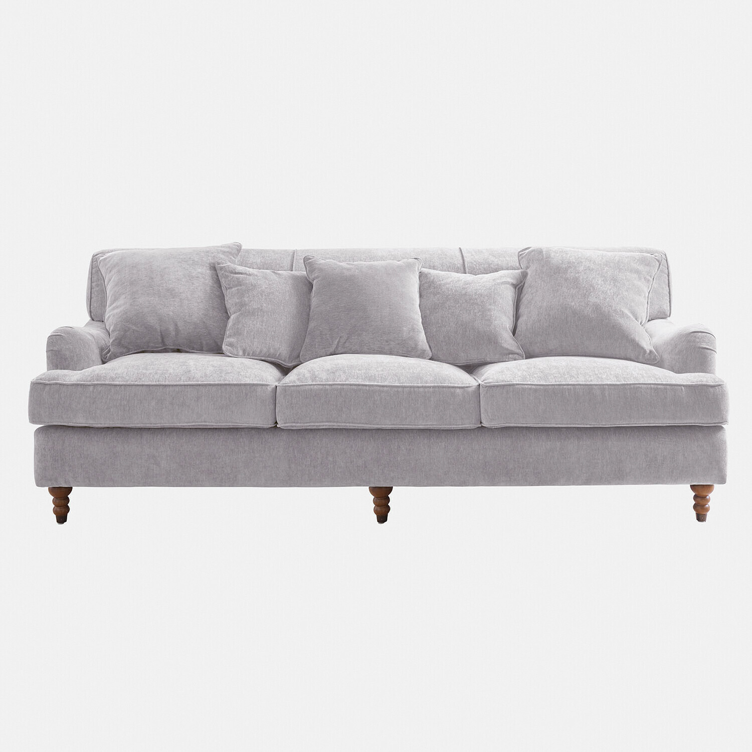 grau Grau bezogenes Sofa Isa mit weichen Kissen und gedrechselten Holzbeinen für Wohnzimmer
