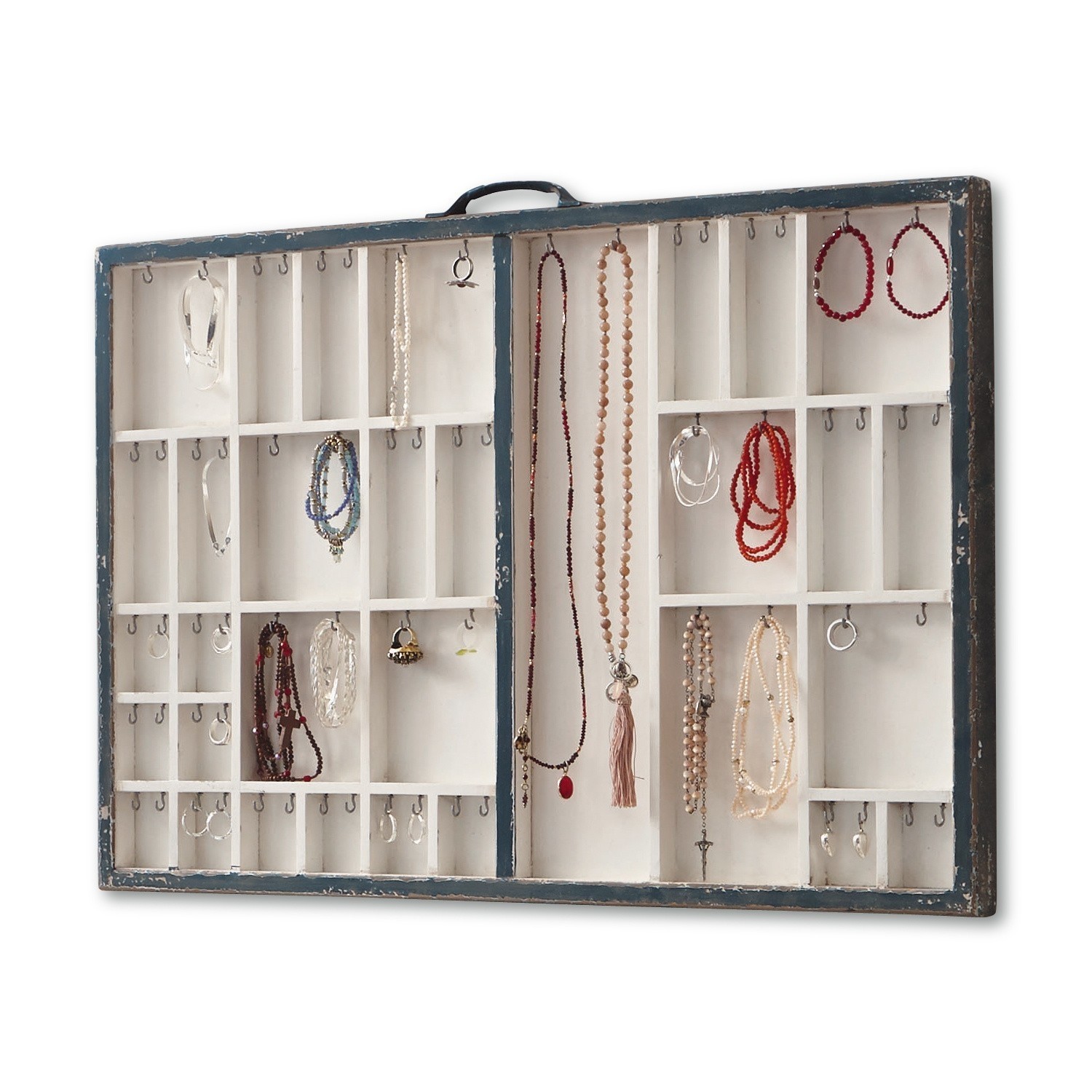 Holz-Schmuckkasten in Weiß und Blau mit Haken zum Aufhängen von Halsketten und Armbändern
