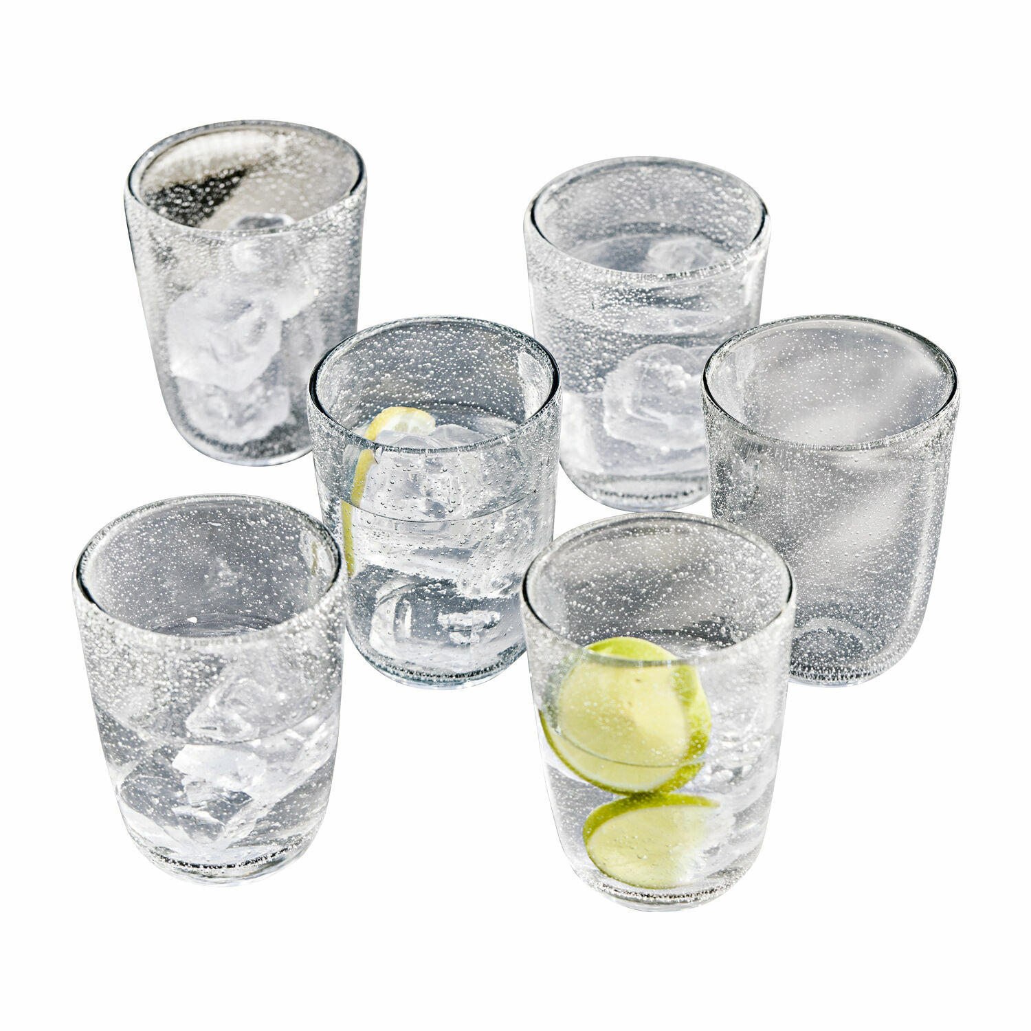 Glas 6er Set Parilly Sechsteiliges Set Gläser aus geblasenem Glas mit Eiswürfeln und Zitronenscheiben für Getränke.