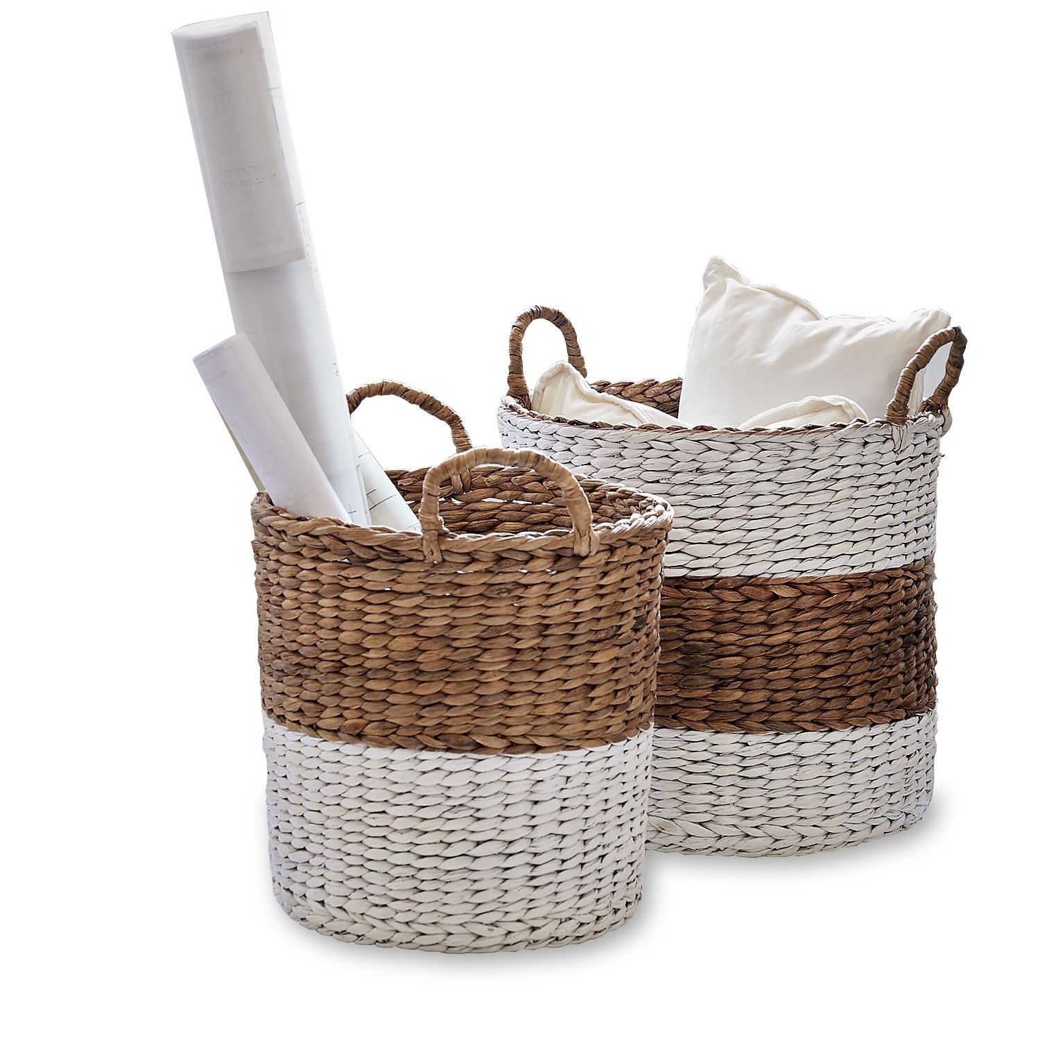 Set aus zwei Aufbewahrungskörben aus Seegras in Braun und Weiß für Wohnraum und Dekoration