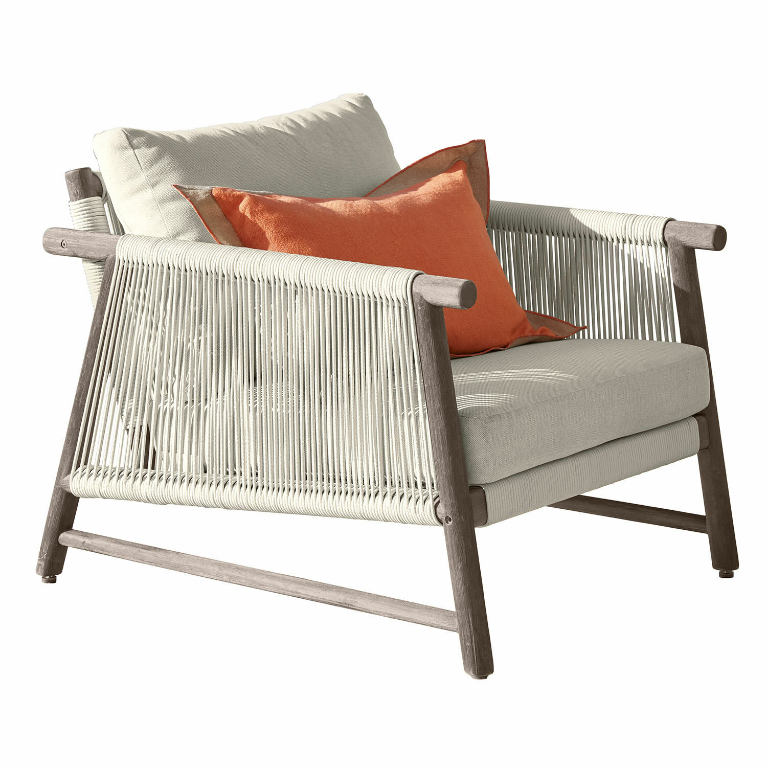 Sessel FSC®-100% Clarmontaine Beiger Sessel aus Holz und Seil mit orangefarbenem Kissen, gemütliches Wohnzimmermöbel