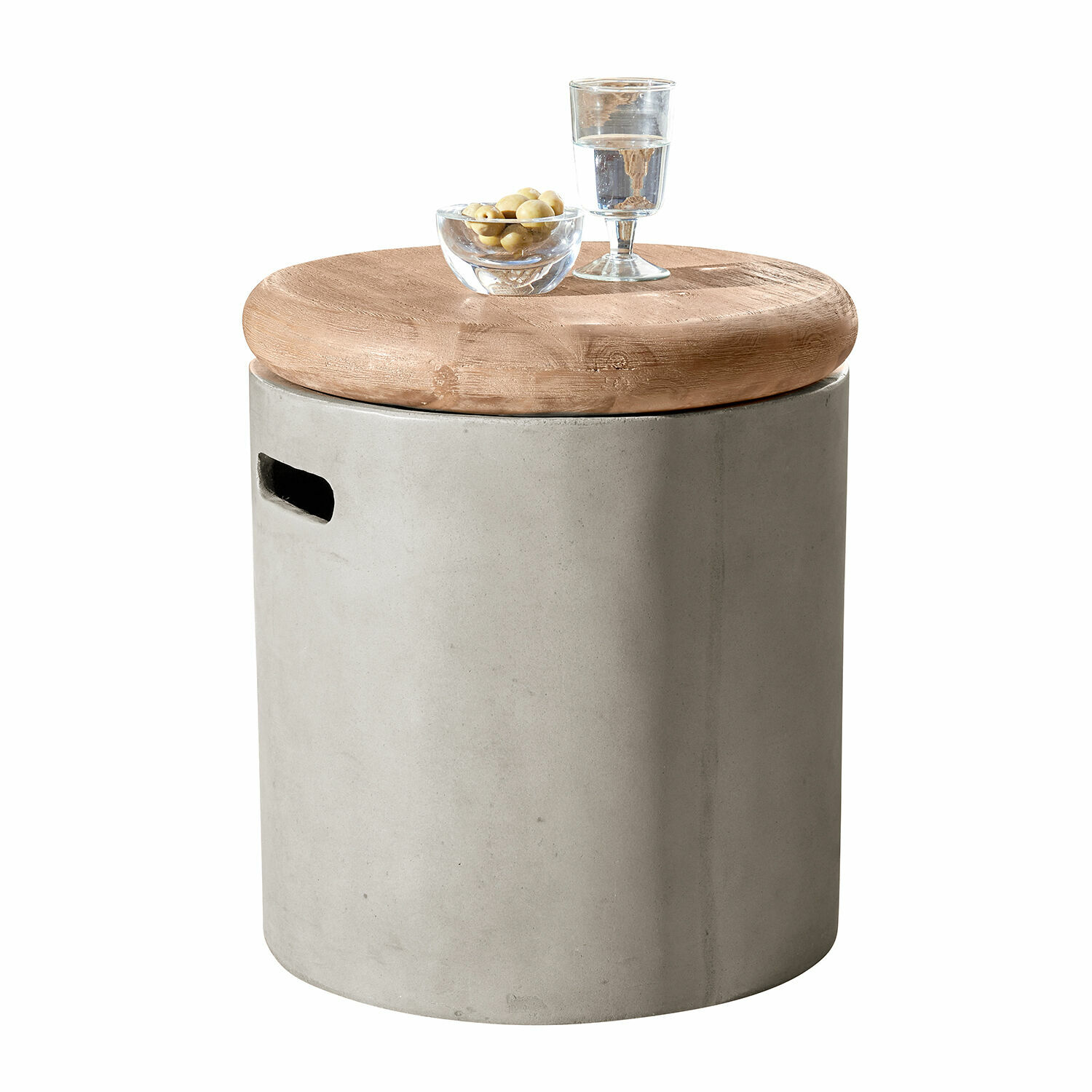 Runder Beistelltisch mit Betonsockel und Holzplatte, moderner Wohnzimmertisch