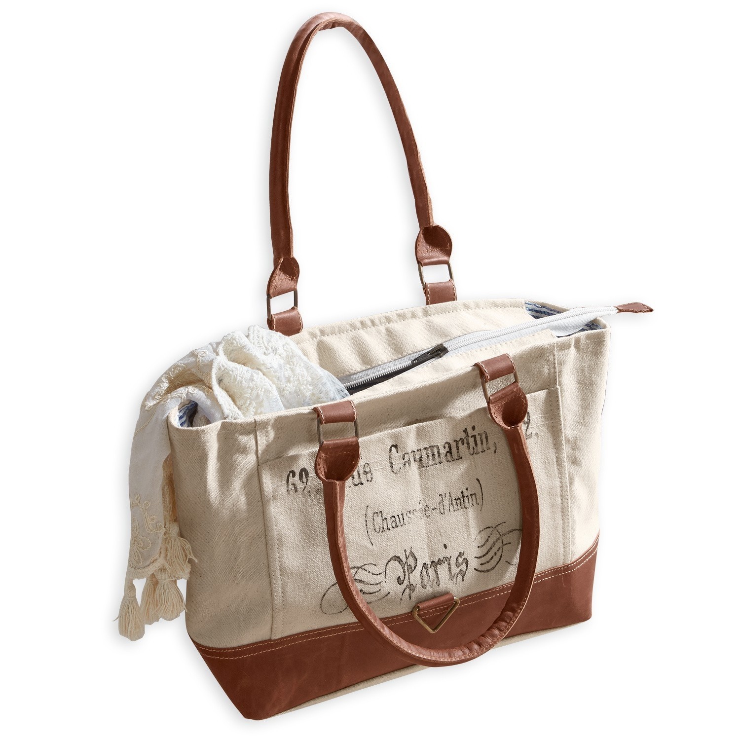 Tasche Linna Beige Stofftasche mit braunen Ledergriffen und Vintage-Aufdruck für lässigen Look