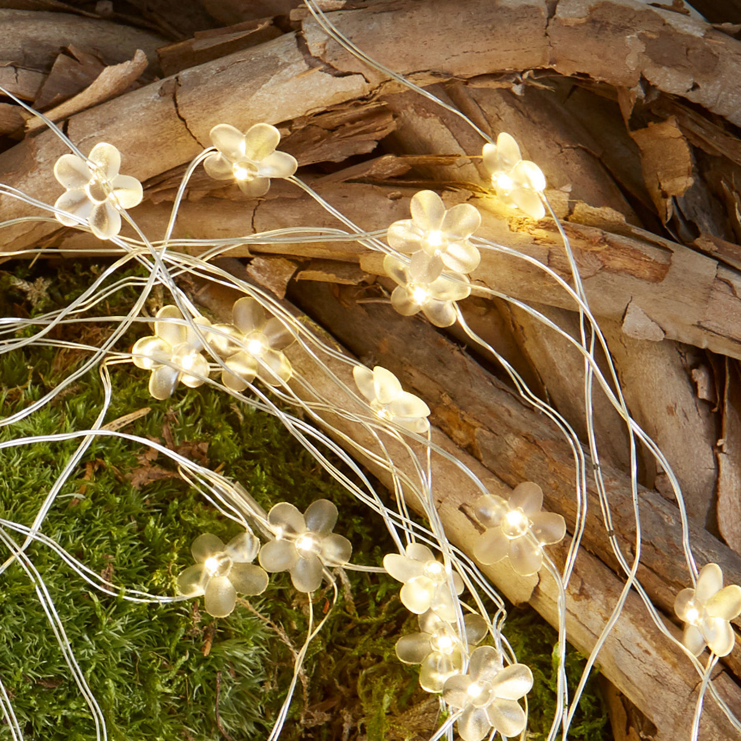Feine LED-Lichterkette mit durchscheinenden Blumen auf silbernen Drähten, dekorative Wohnbeleuchtung