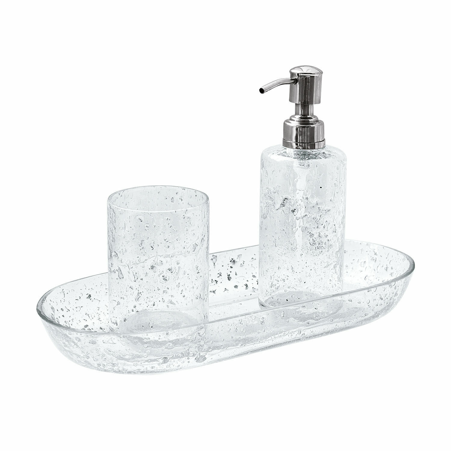 Transparenter Bad-Set aus Glas mit Spender und Becher auf Tablett, Badezimmerzubehör