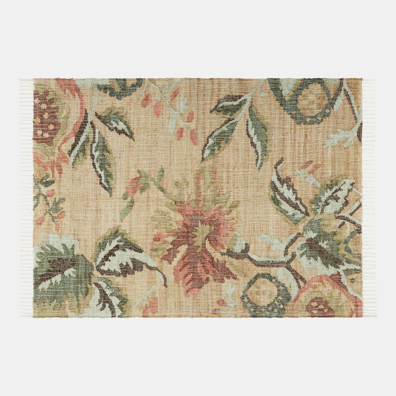 Teppich Lorviano Teppich aus Naturmaterial in Beige mit floralem Muster in Grün und Rot, stilvolle Raumdekoration