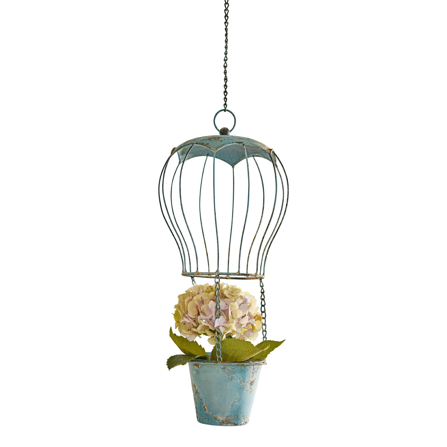 Hängende Metall-Dekoration in Ballonform mit blauem, antik wirkendem Blumentopf und Hortensienblüte