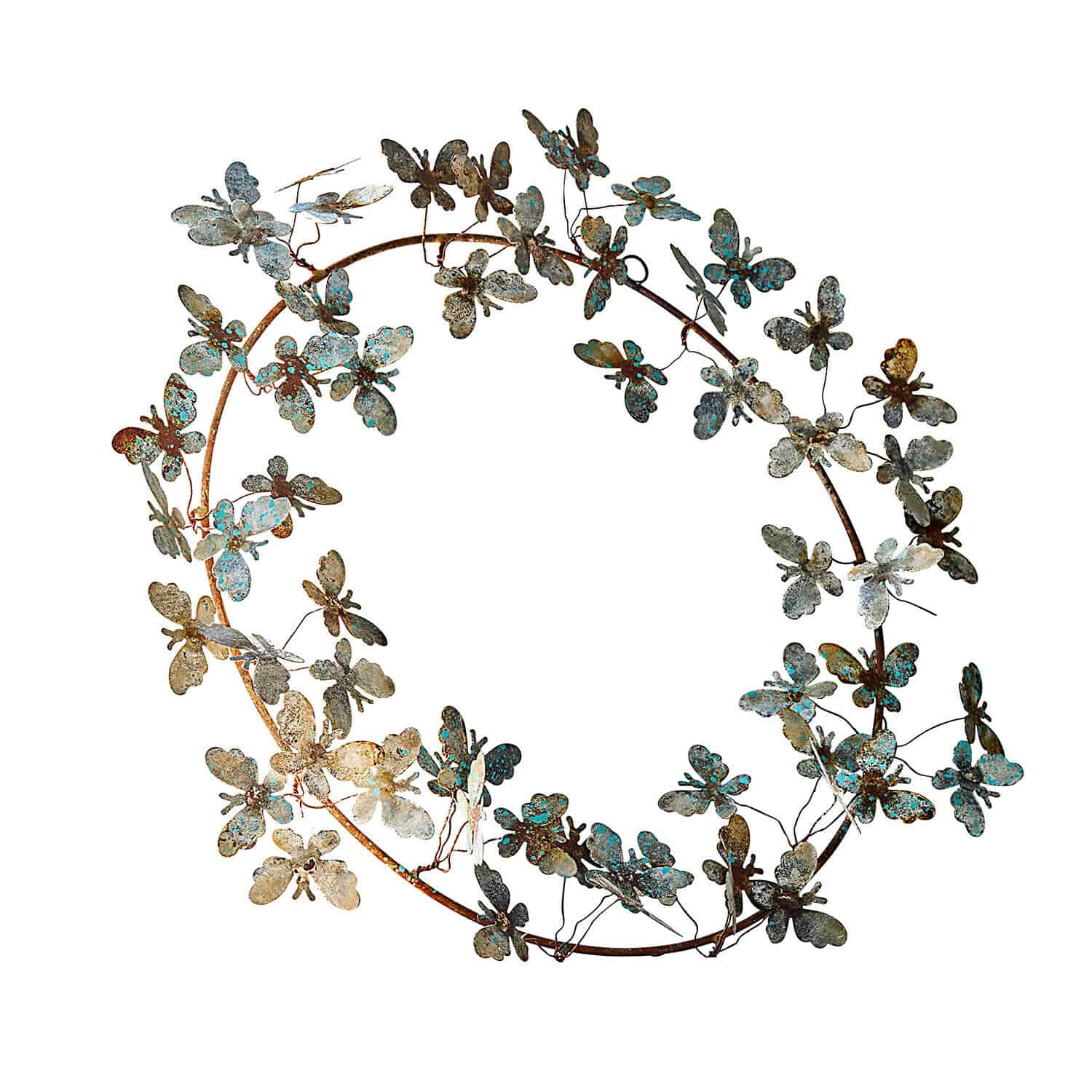 Metallkranz mit Schmetterlingen in Rost- und Türkistönen, Wanddeko für Innen und Garten