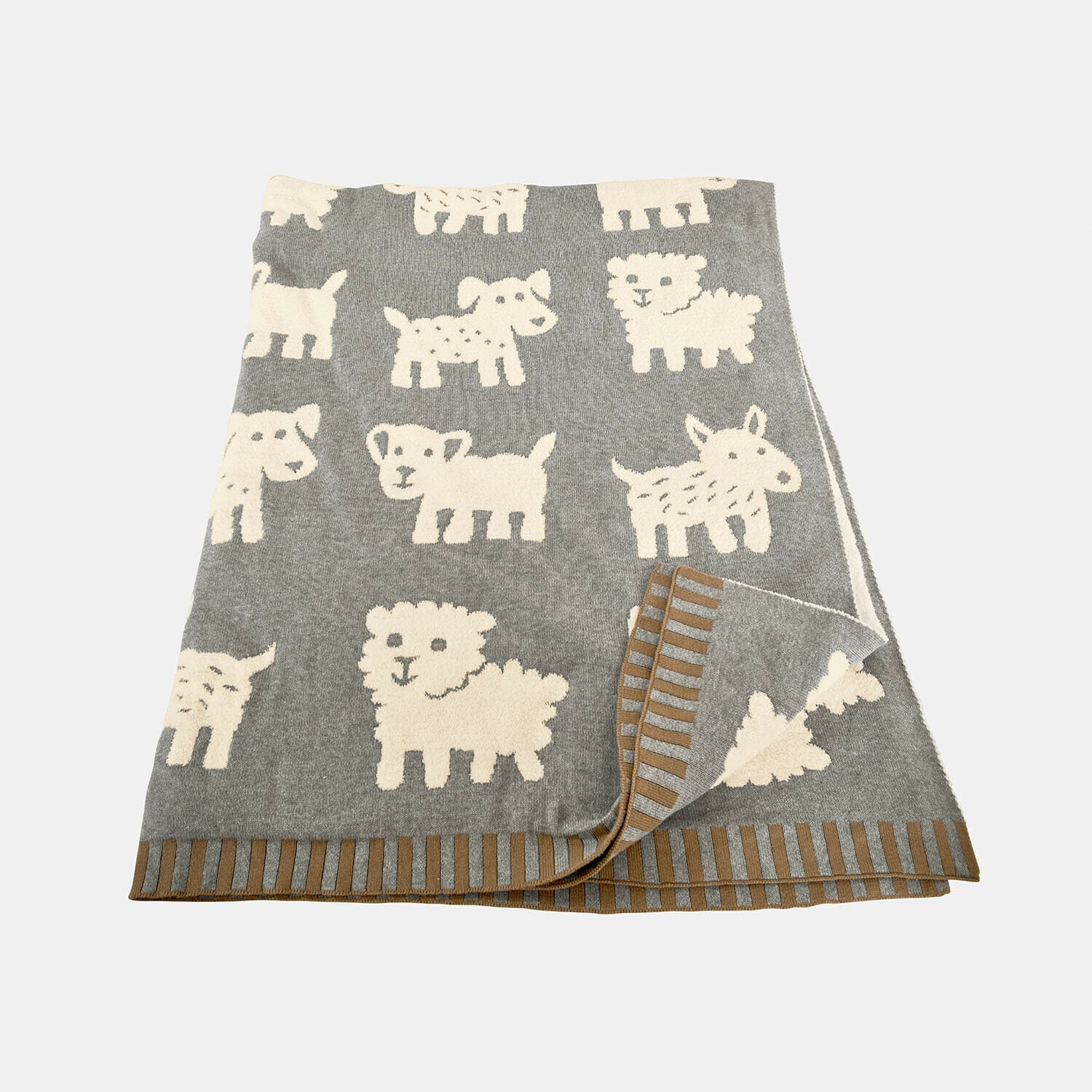 Graue Decke mit weißen Tiermotiven und braunem Streifen, weiches Material, Kinderzimmerdeko