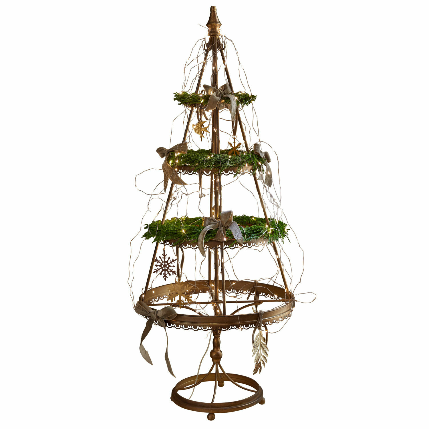 Deko-Baum Yolivine Metall-Weihnachtsdeko in Tannenbaumform mit grünen Kränzen und LED-Lichterkette