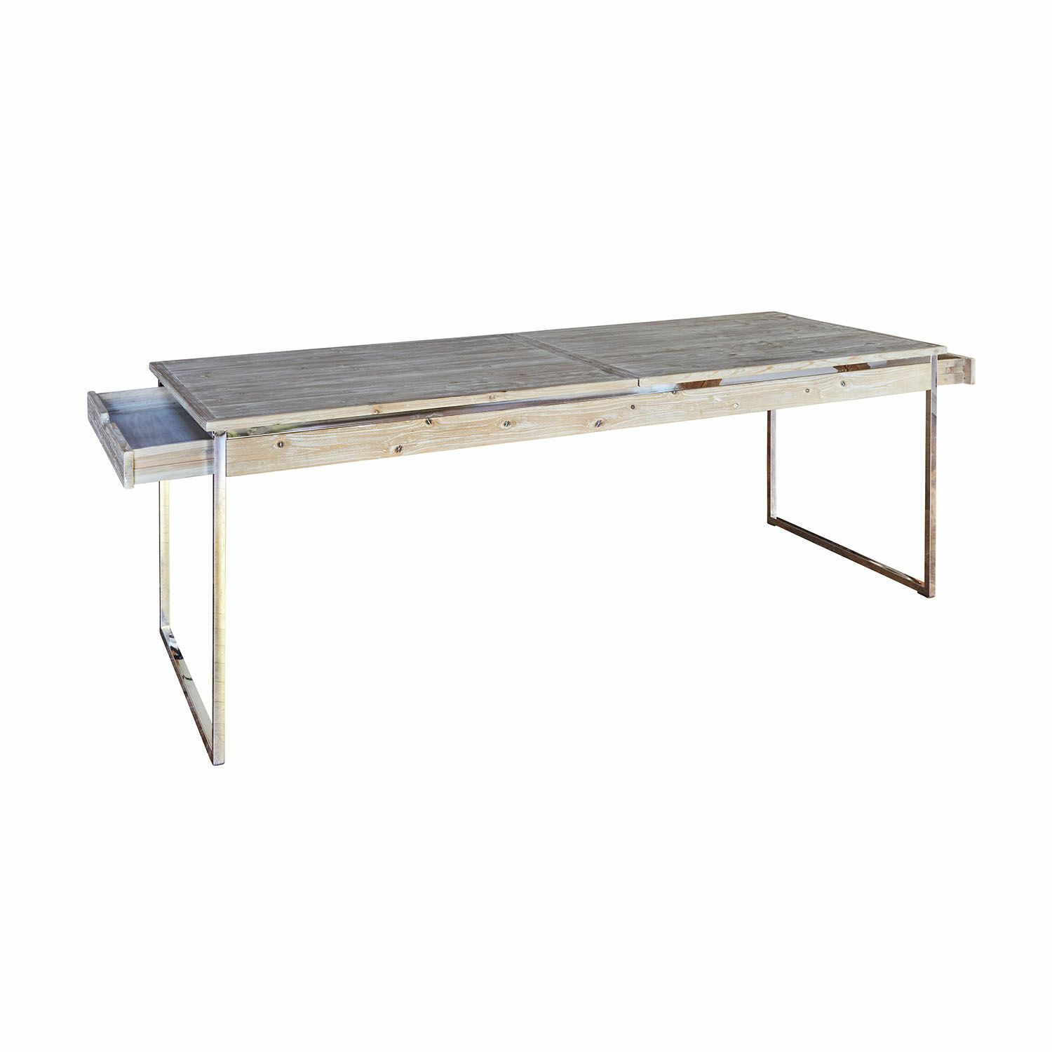 Ausziehbarer Tisch aus hellem Holz mit Metallbeinen und ausziehbarer Schublade zur Aufbewahrung