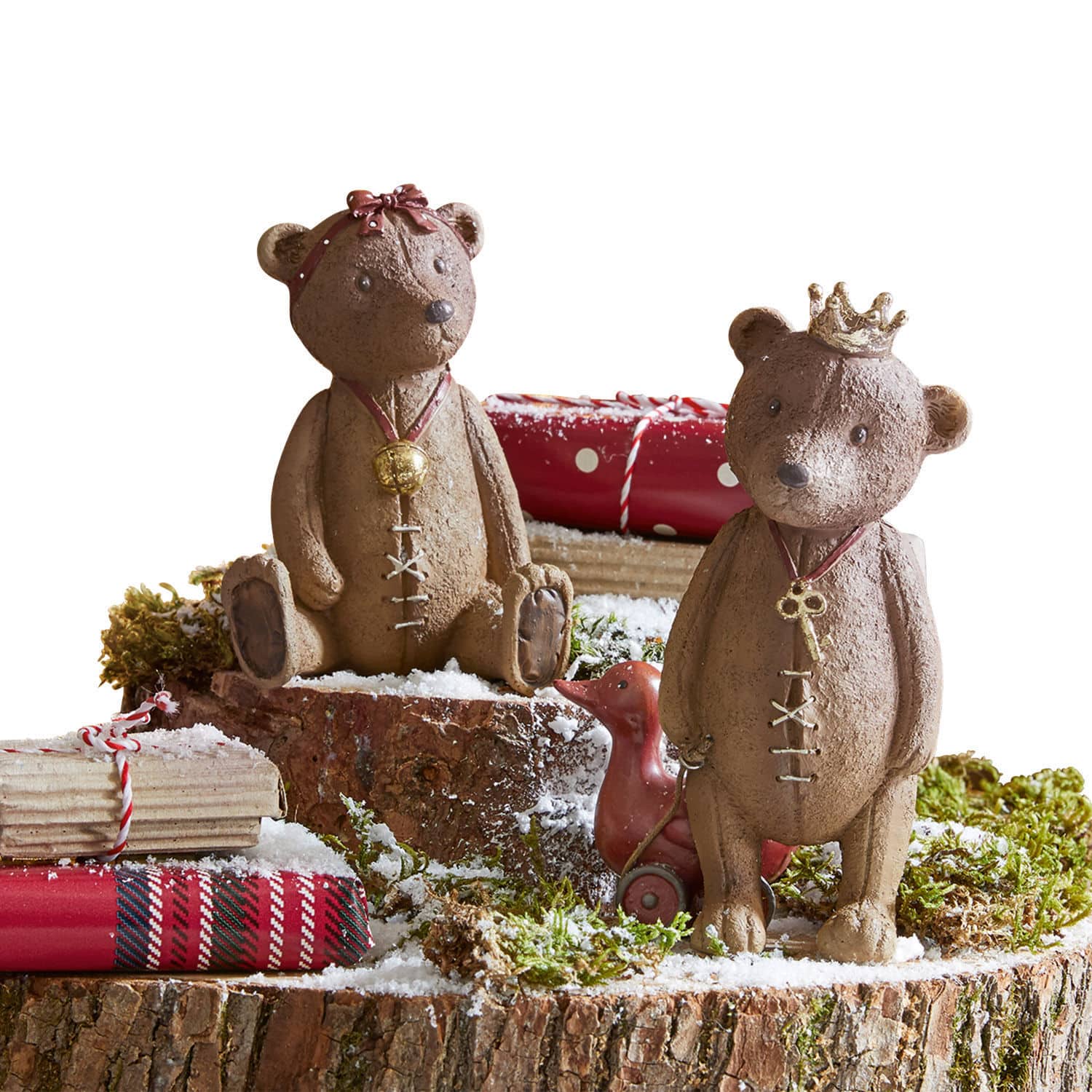 Deko-Bären 2er Set Bonnal Braune Keramik-Bärenfiguren auf Holzscheibe mit Moos und Dekoschnee für winterliche Deko