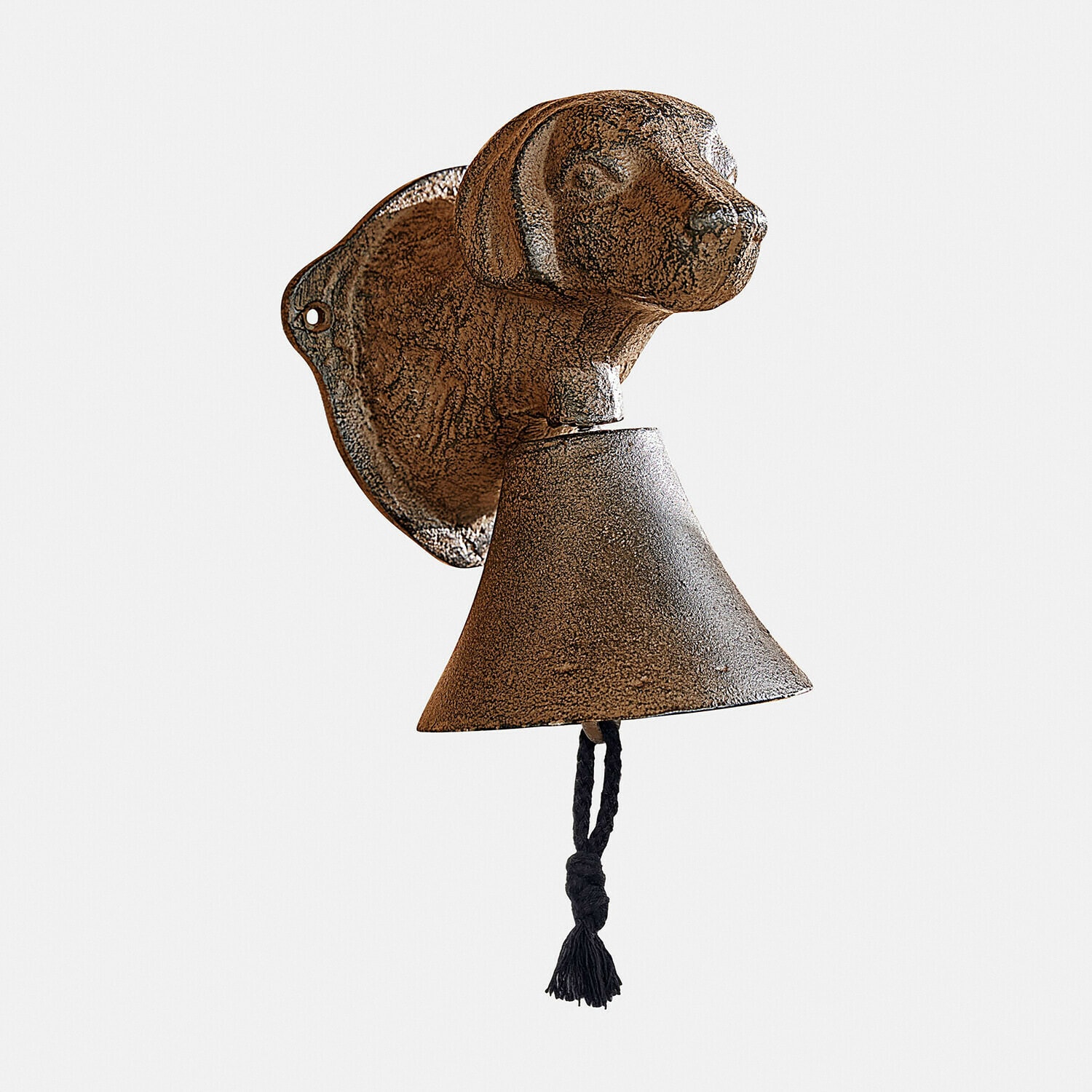 Glocke Invercombe Braune Wandglocke aus Gusseisen mit Hundekopf und schwarzer Zugkordel