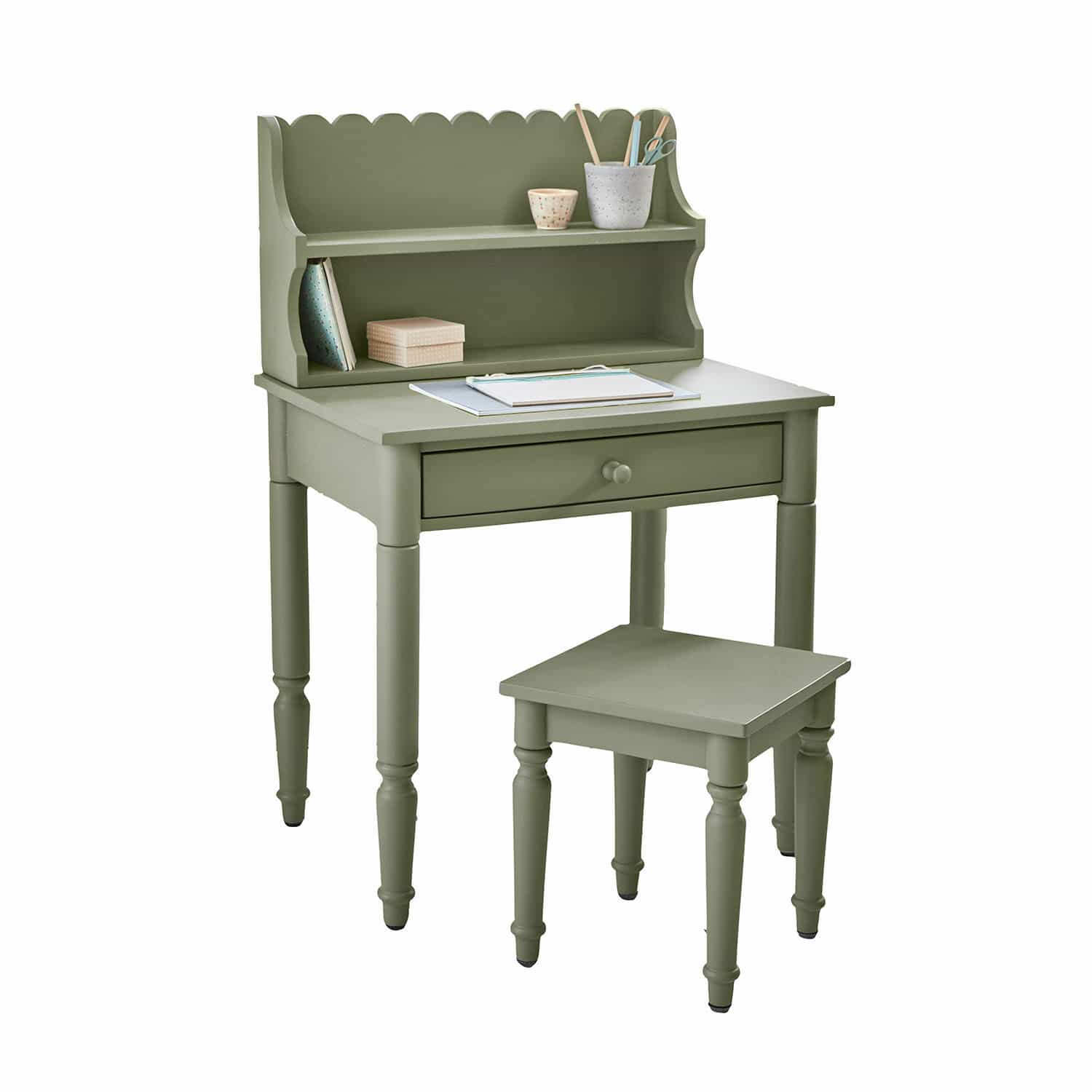 Schreibtisch Kystlund Grüner Holzschreibtisch mit Regalen und Hocker, praktisches Möbelstück für Zuhause und Büro