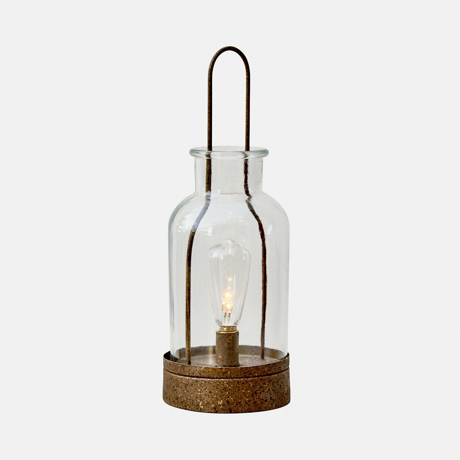Glaslaterne mit rostfarbener Metallbasis, dekorative LED-Lampe für Innen- und Außenbereich