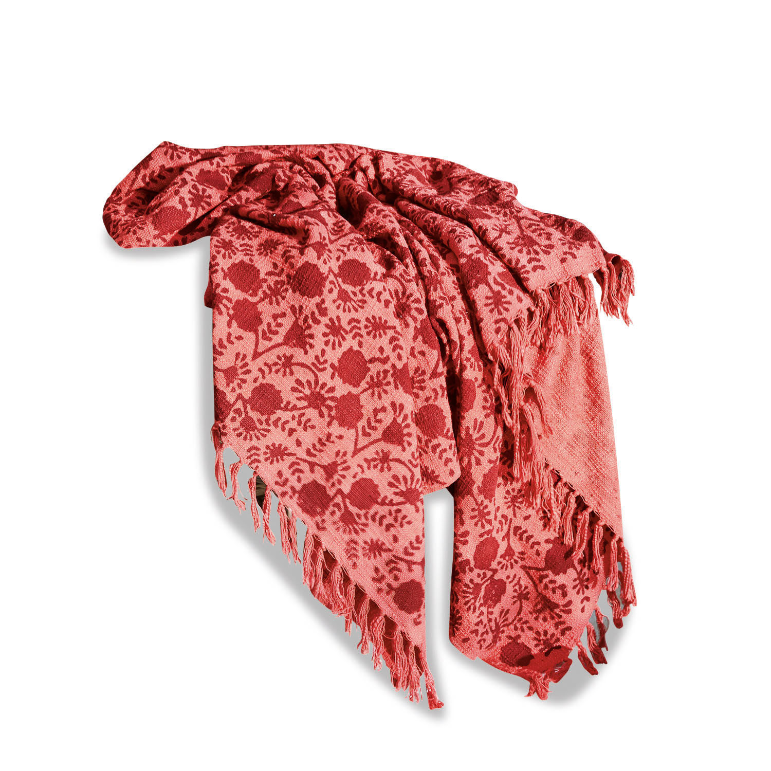 Roter Plaid mit floralem Muster und Fransen, weiches Material, dekorativer und praktischer Wohnaccessoire