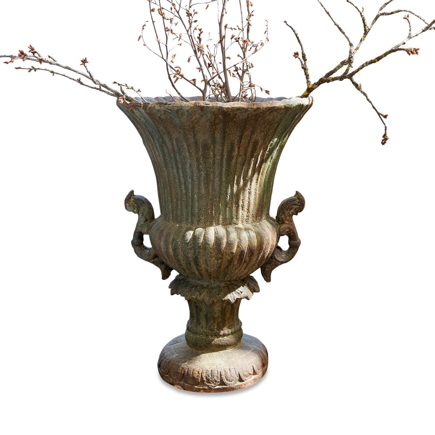Amphore Estefanie Große dekorative Metallvase in patinagrün mit Zweigen als Deko für Haus und Garten