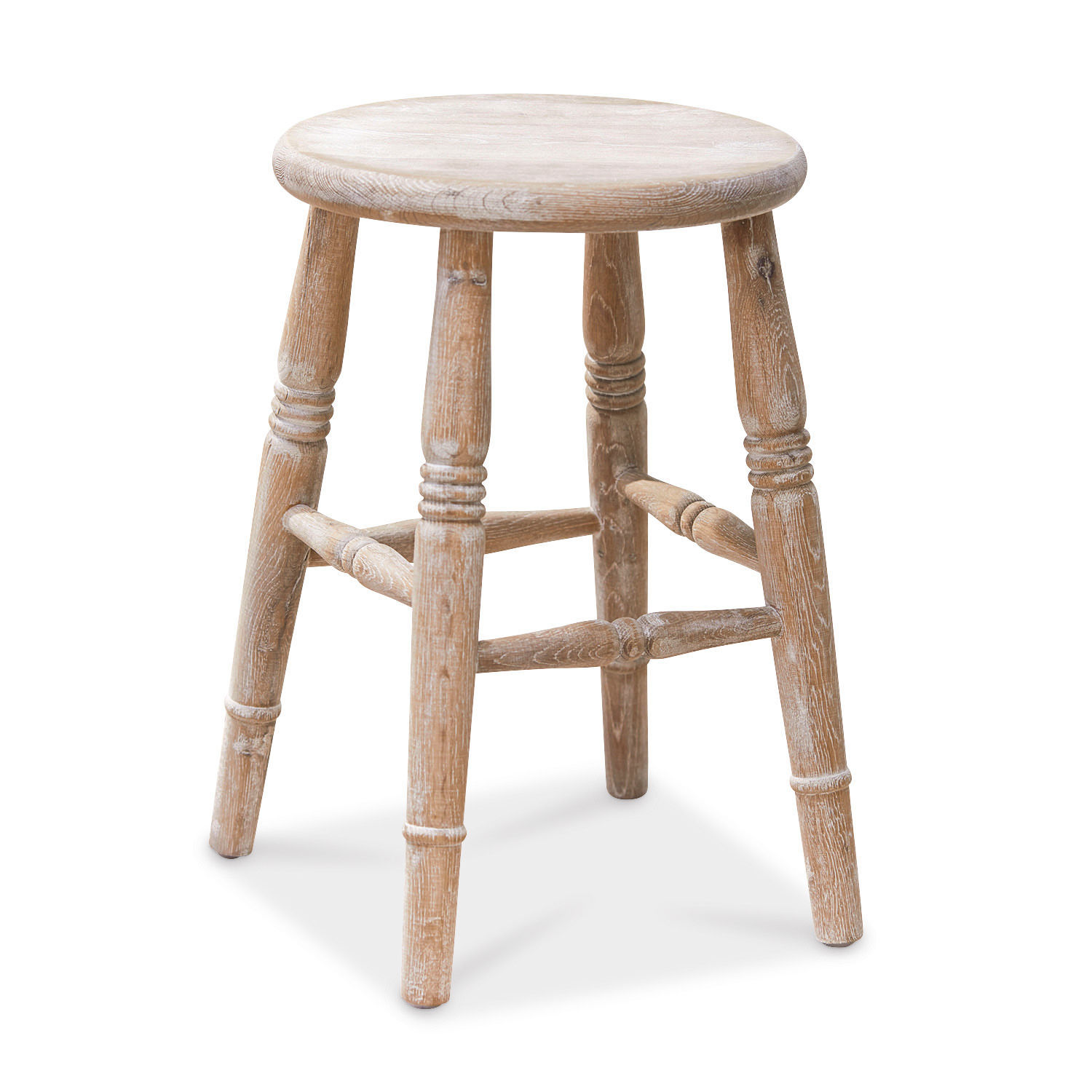 Heller Holzschemel mit rundem Sitz und gedrechselten Beinen, rustikales Möbelstück für Zuhause.