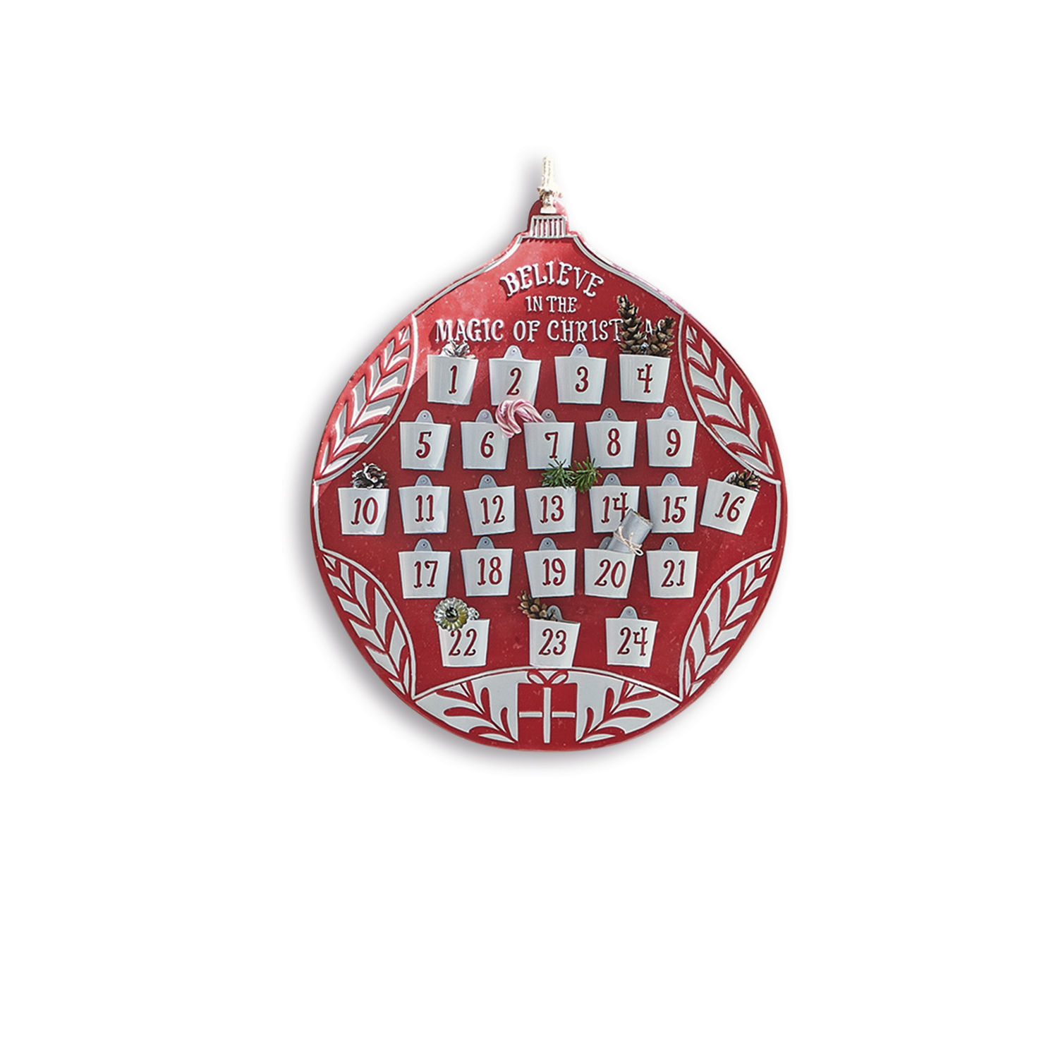 Roter Metall-Adventskalender mit 24 weißen Taschen und weihnachtlichem Geschenk-Motiv