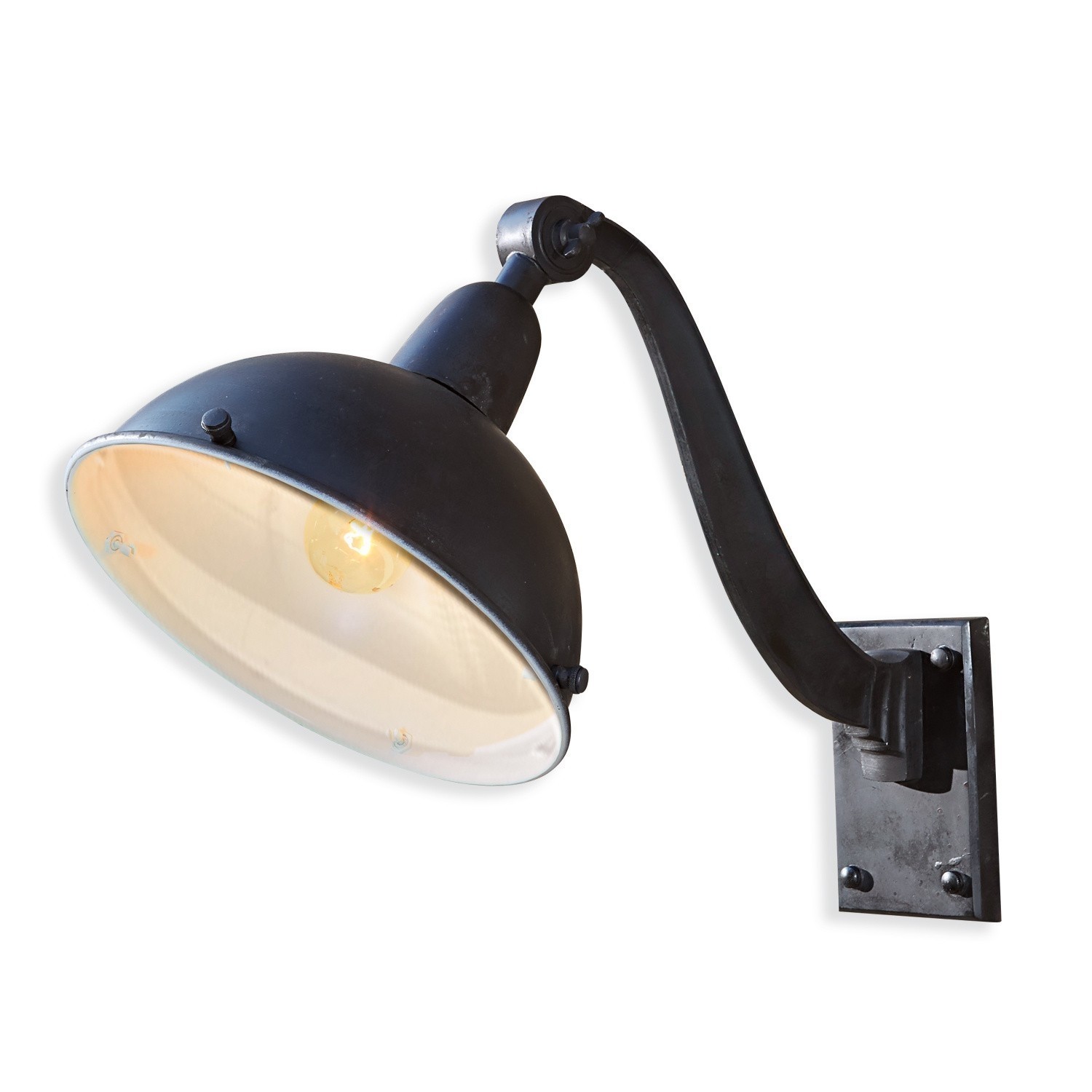 Schwarze Metall-Wandleuchte mit verstellbarem Arm und Glas-Schirm im industriellen Stil
