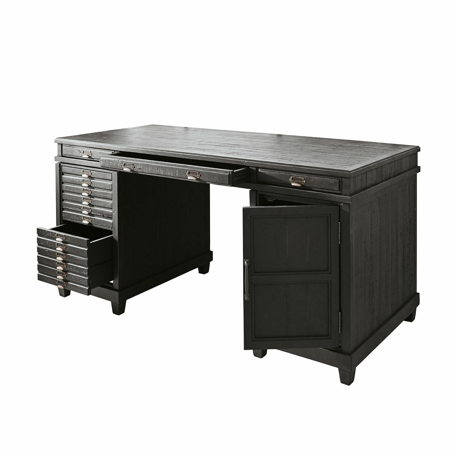 Schwarzer Holzschreibtisch mit mehreren Schubladen und Schrank im Vintage-Stil