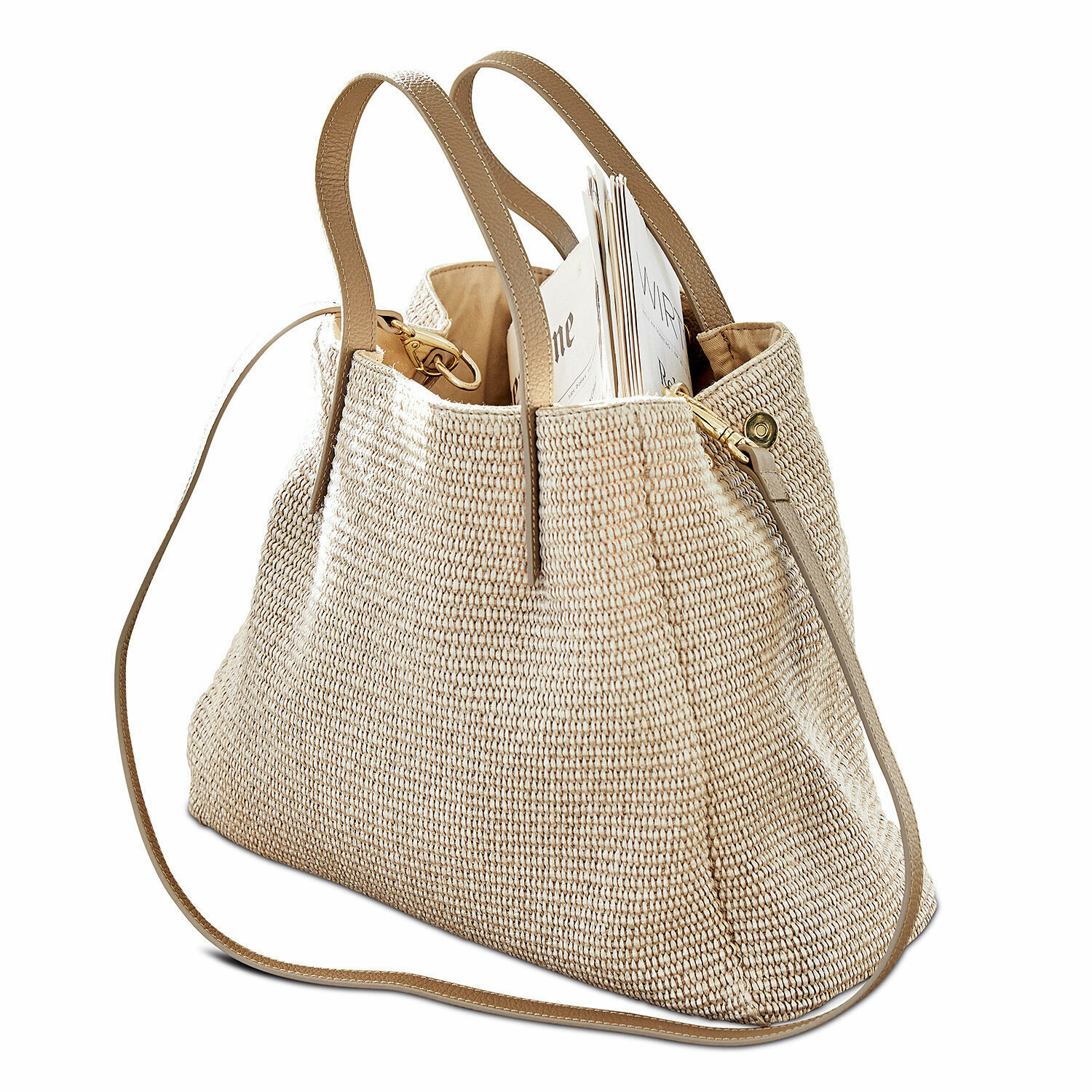 Tasche Treffrin Beige geflochtene Tasche mit hellbraunen Ledergriffen und Schulterriemen