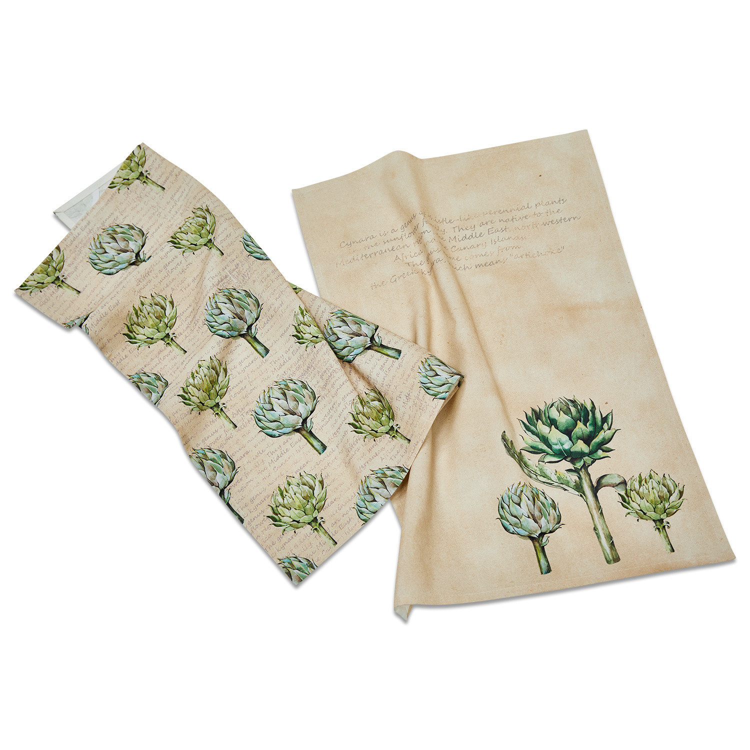 Set aus zwei beigen Baumwoll-Geschirrtüchern mit Artischocken-Motiv für die Küche