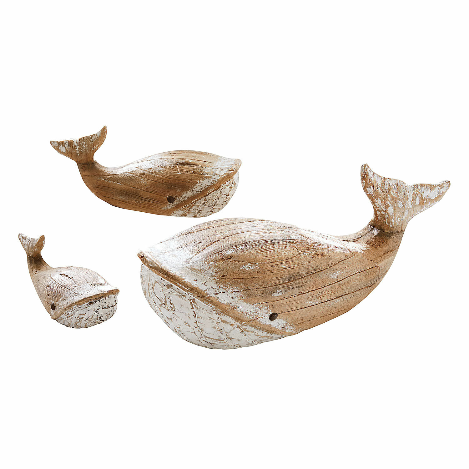 Deko-Wal 3er Set Breezie Set aus drei Holz-Wal-Dekorationen in Naturfarbe mit weißer Patina, stilvolle Wohnaccessoires.