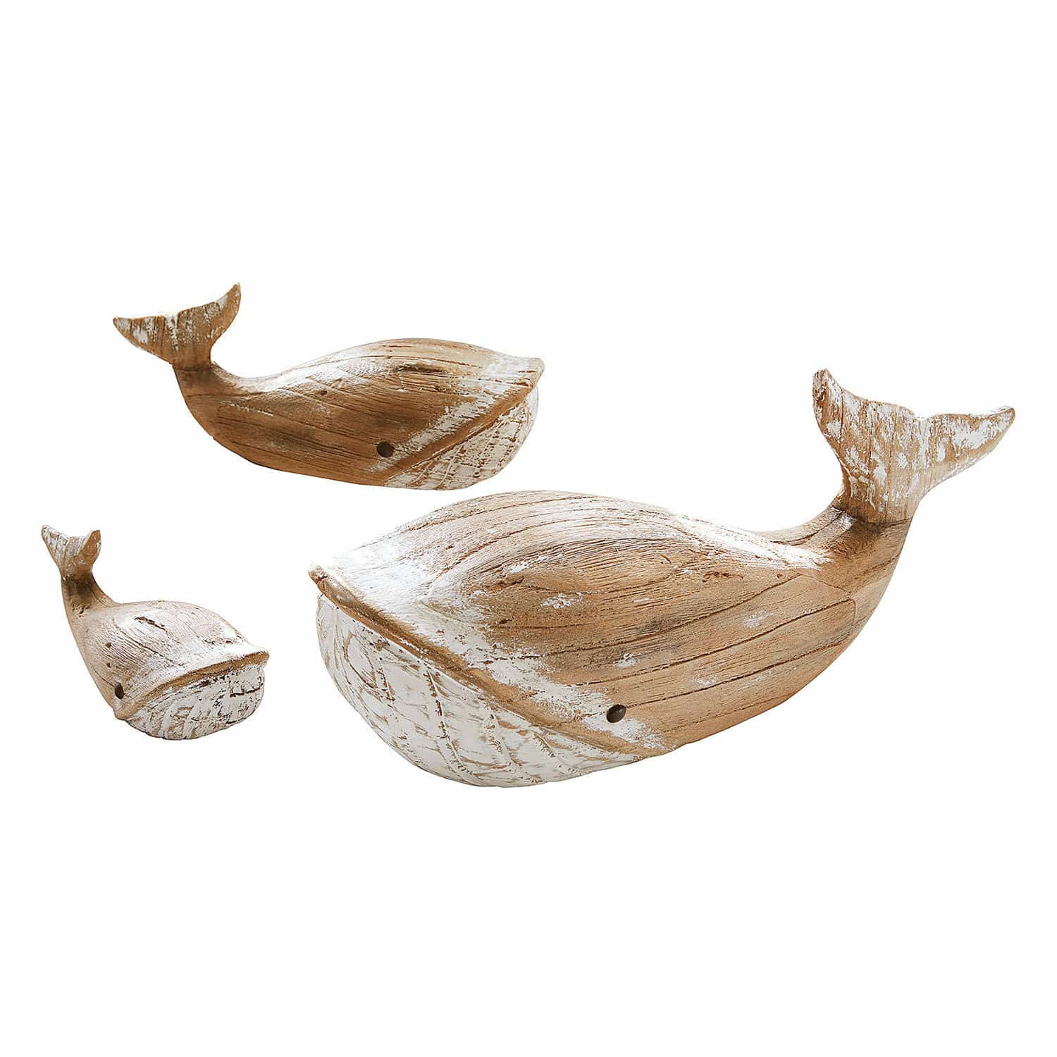 Deko-Wal 3er Set Breezie Set aus drei Holz-Wal-Dekorationen in Naturfarbe mit weißer Patina, stilvolle Wohnaccessoires.