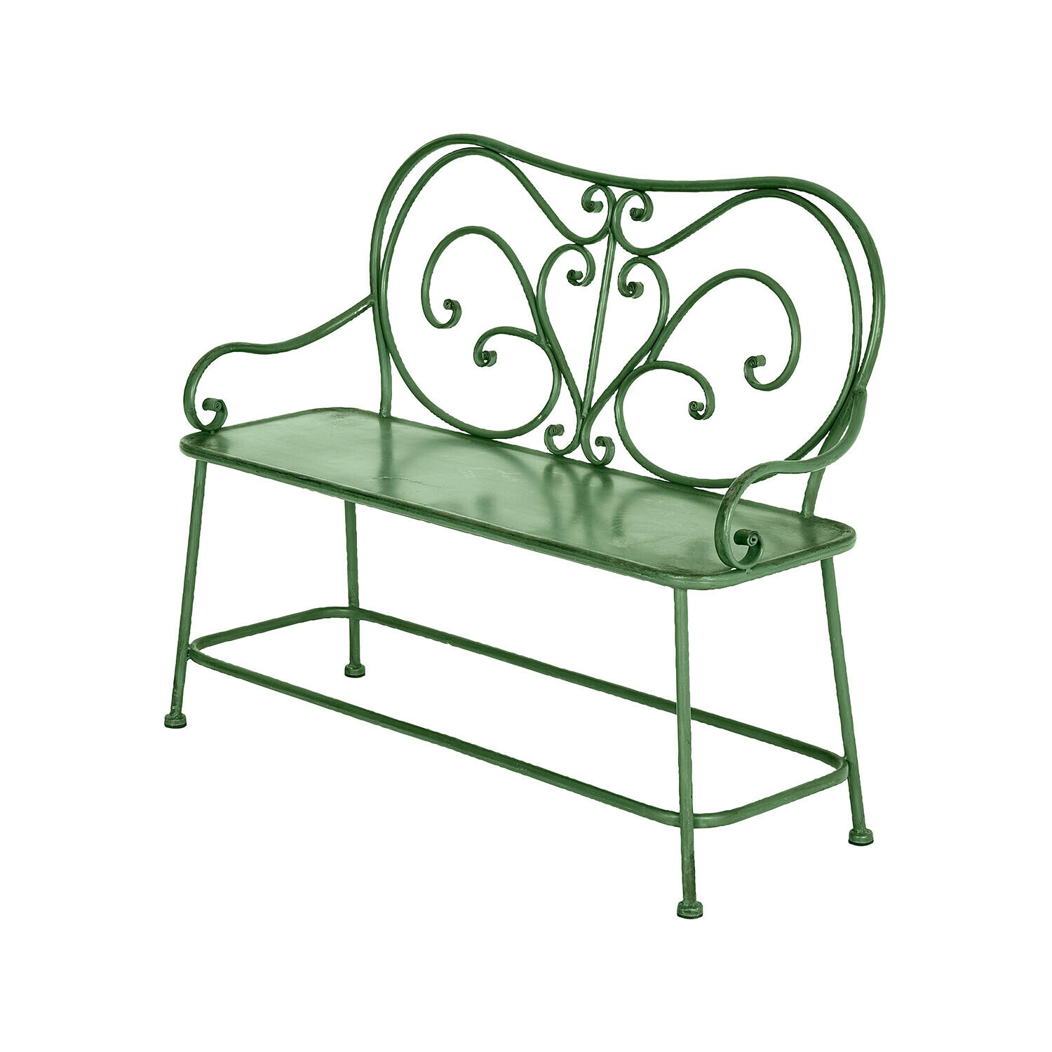 Grüne Metall-Gartenbank mit dekorativer Rückenlehne und Armlehnen, langlebige Gartenmöbel