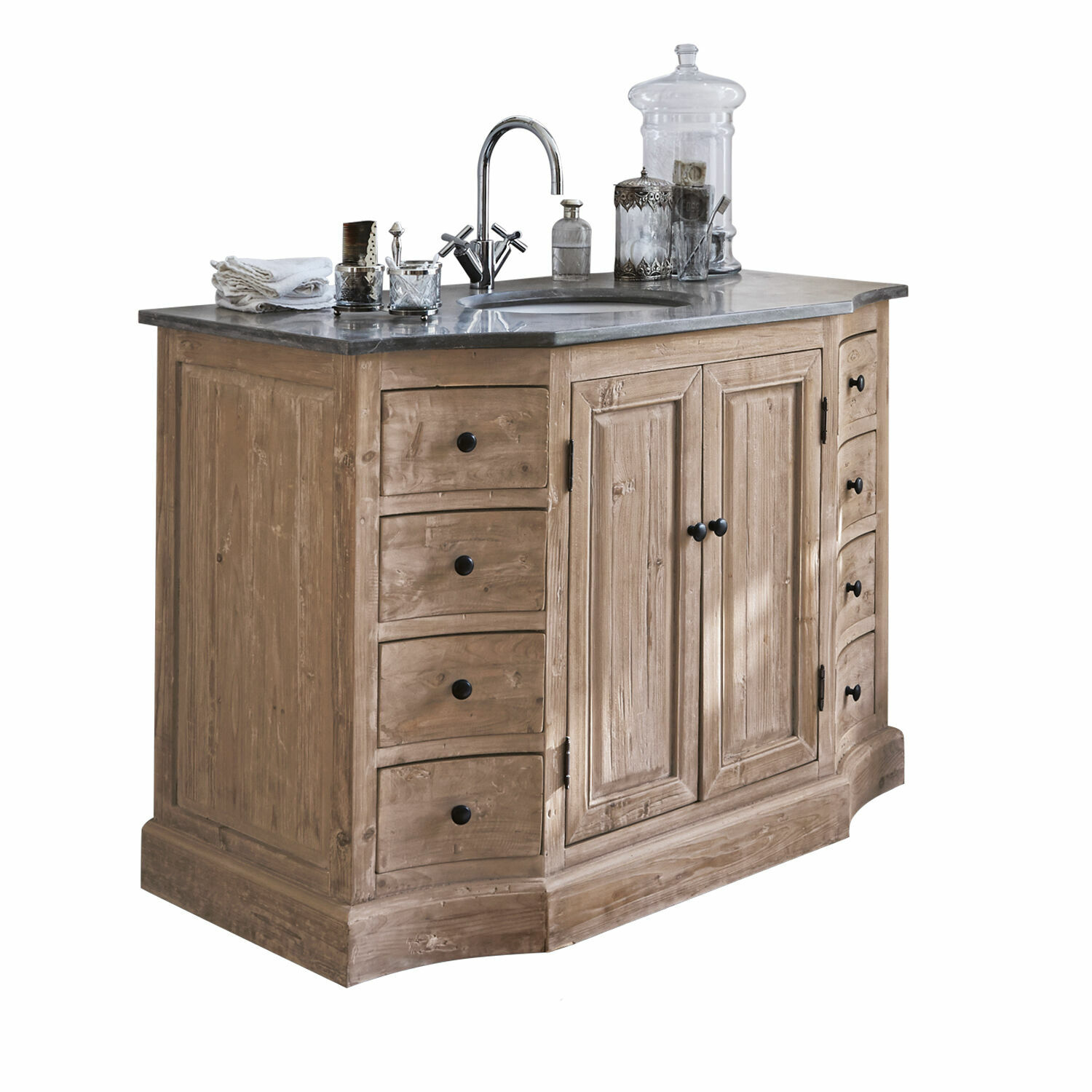 Waschtisch Manaurie Holz-Badezimmerunterschrank mit Schubladen und grauer Marmorplatte in Naturholzfarbe