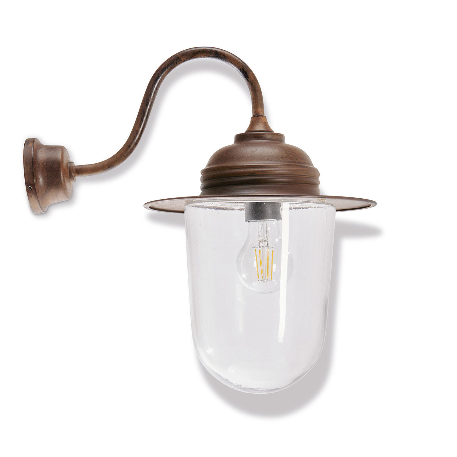 Kupferfarbener Messing-Wandleuchter mit klarem Glas und sichtbarer LED-Glühbirne