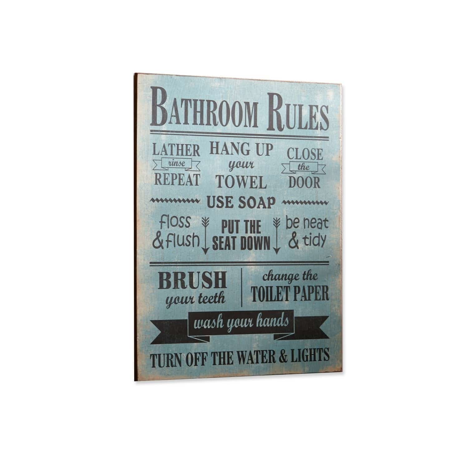 Blaue Holztafel mit Badezimmerregeln in schwarzer Schrift zur Innendekoration