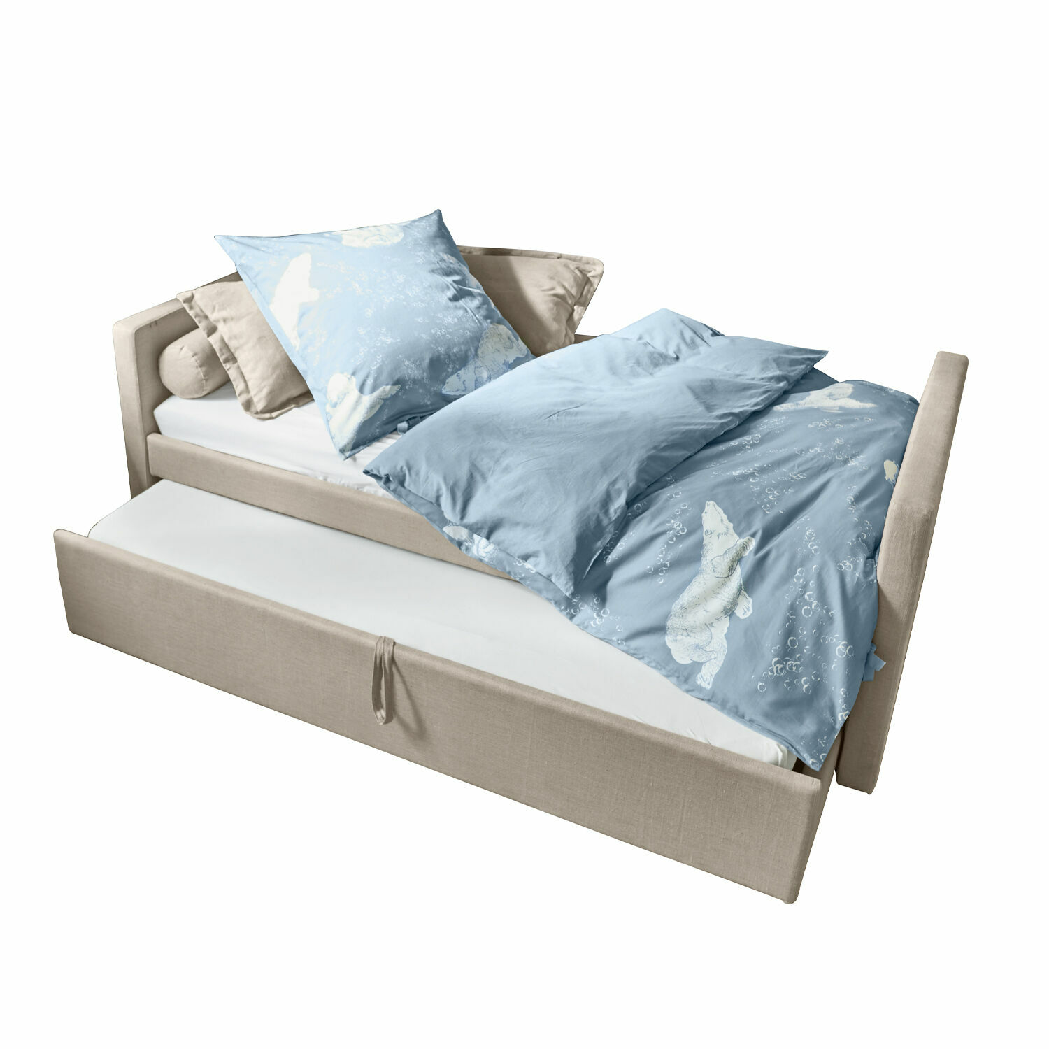 Bett Thistlewood Beiges Bett mit ausziehbarer Matratze und blauer Bettwäsche mit Eisbärmotiv, Stoffbezug