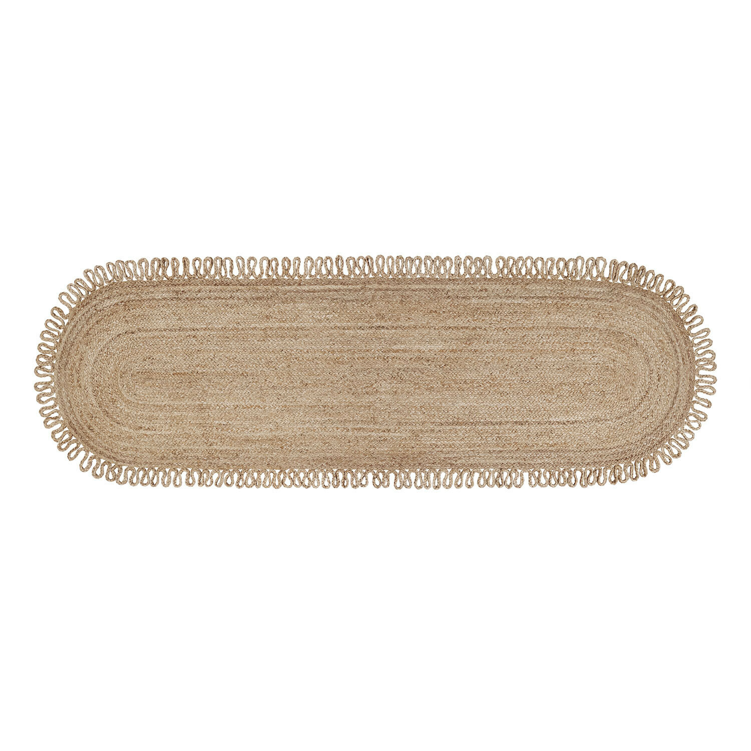 Ovaler Teppich aus natürlicher Jute in Beige mit dekorativen Schlaufen am Rand, Bodenbelag