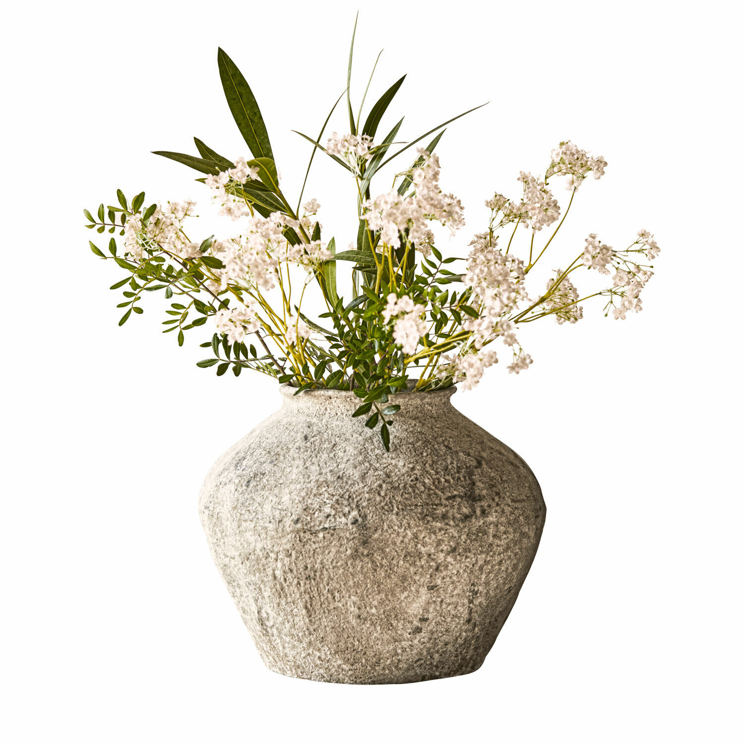 Vase Champs Dekorativer grauer Steinvase mit weißen Blumen und grünen Blättern für Wohnraumgestaltung
