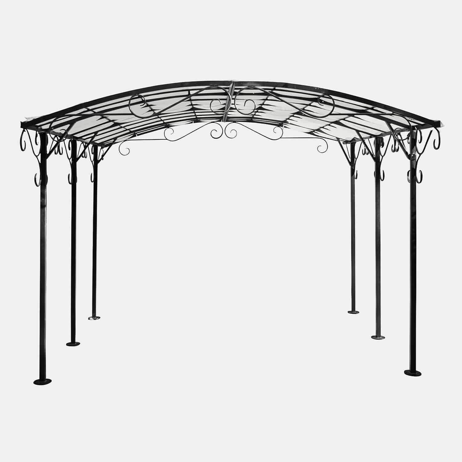 Schwarzer Metallpavillon mit dekorativen Schnörkeln und transparentem Dach für Garten