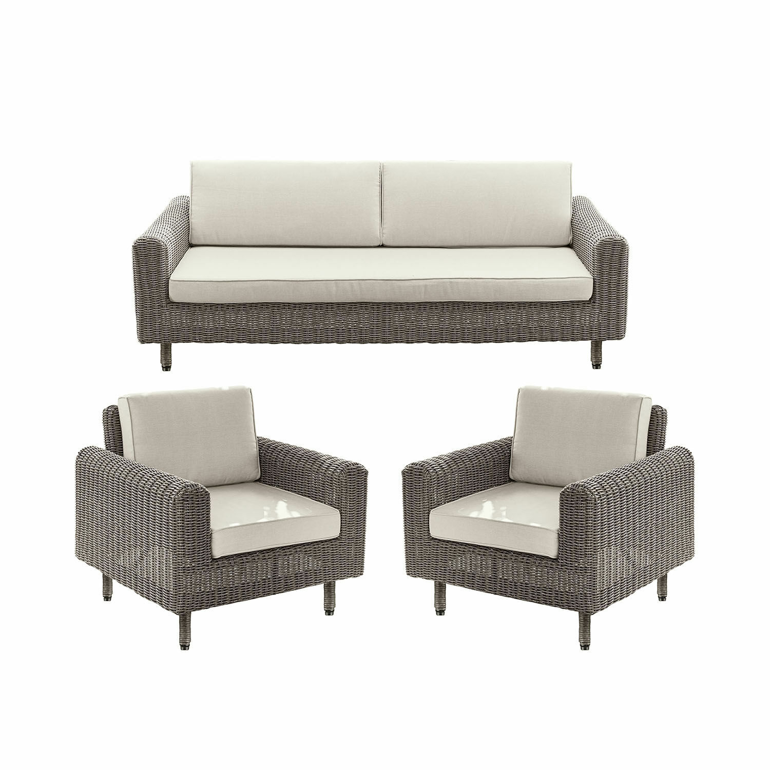 Gartenmöbel-Set aus grauem Rattan mit hellbeigen Polstern, bequeme Sitzgelegenheiten für Terrasse