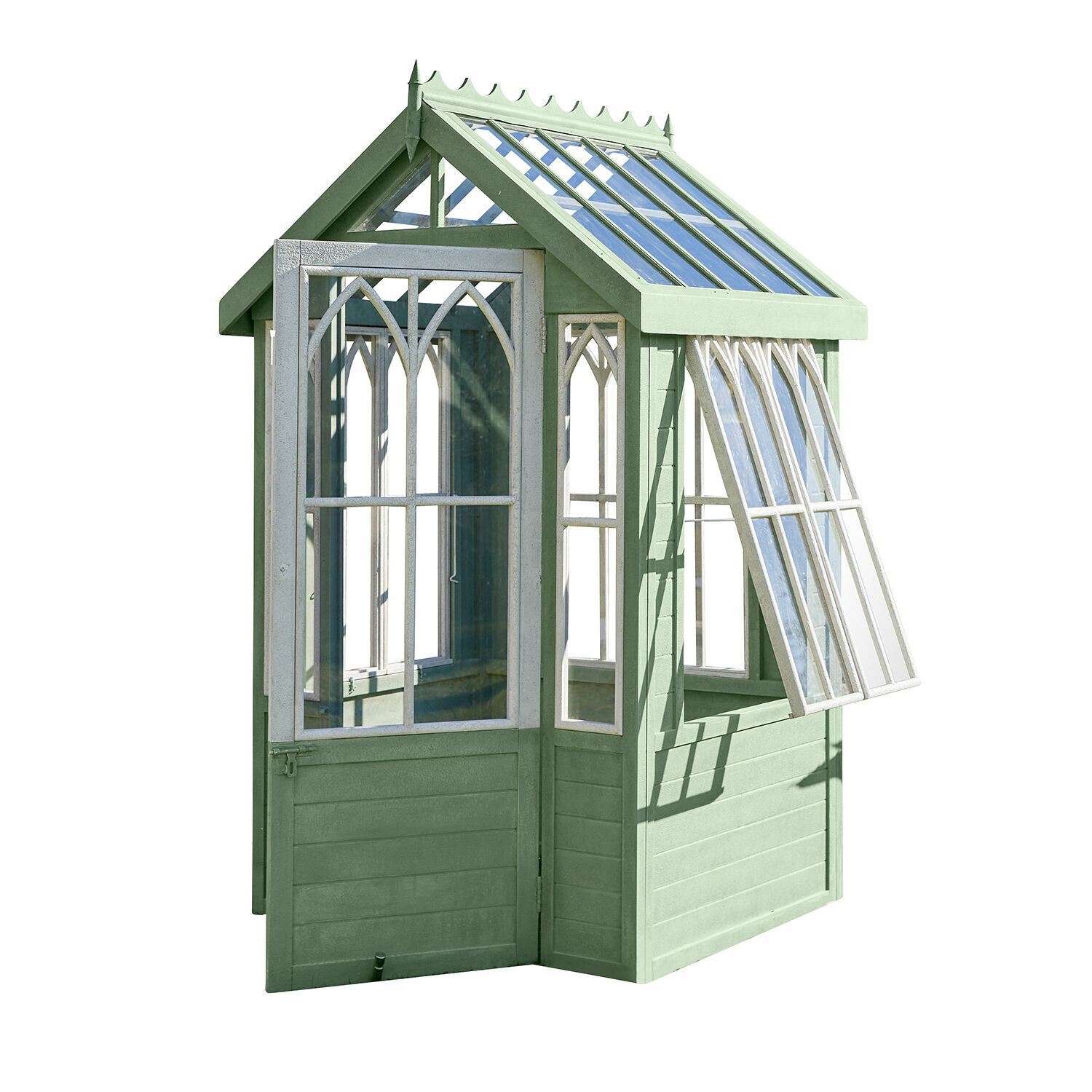 Gartenhaus Anyós Kleines Gartenhaus aus grünem Holz mit weißen Fenstern und aufklappbarem Fenster