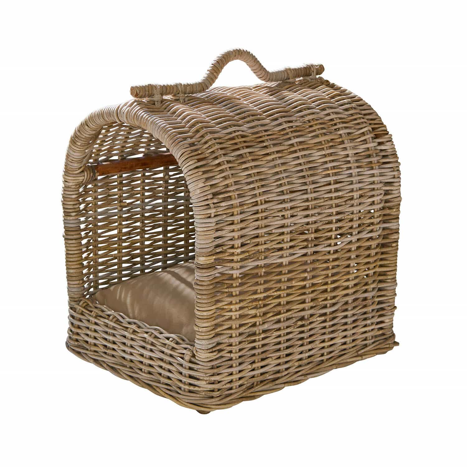 Wickelkorb-Hundehütte aus natürlichem Rattan mit weichem Kissen als gemütlicher Rückzugsort