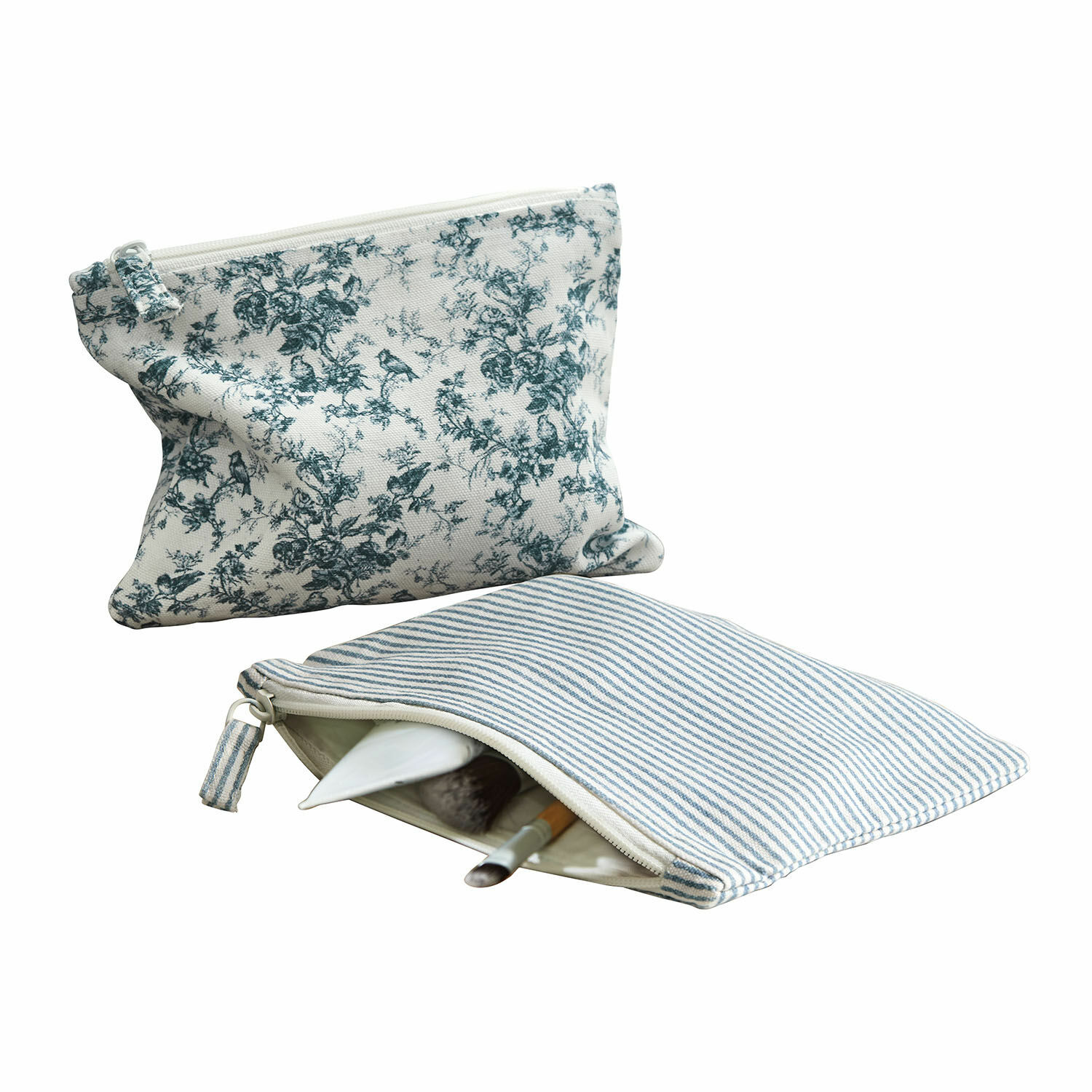 Täschchen 2er Set Emilie Zwei Kosmetiktaschen aus Baumwolle mit blau-weißem Streifen- und Blumenmuster für Make-up