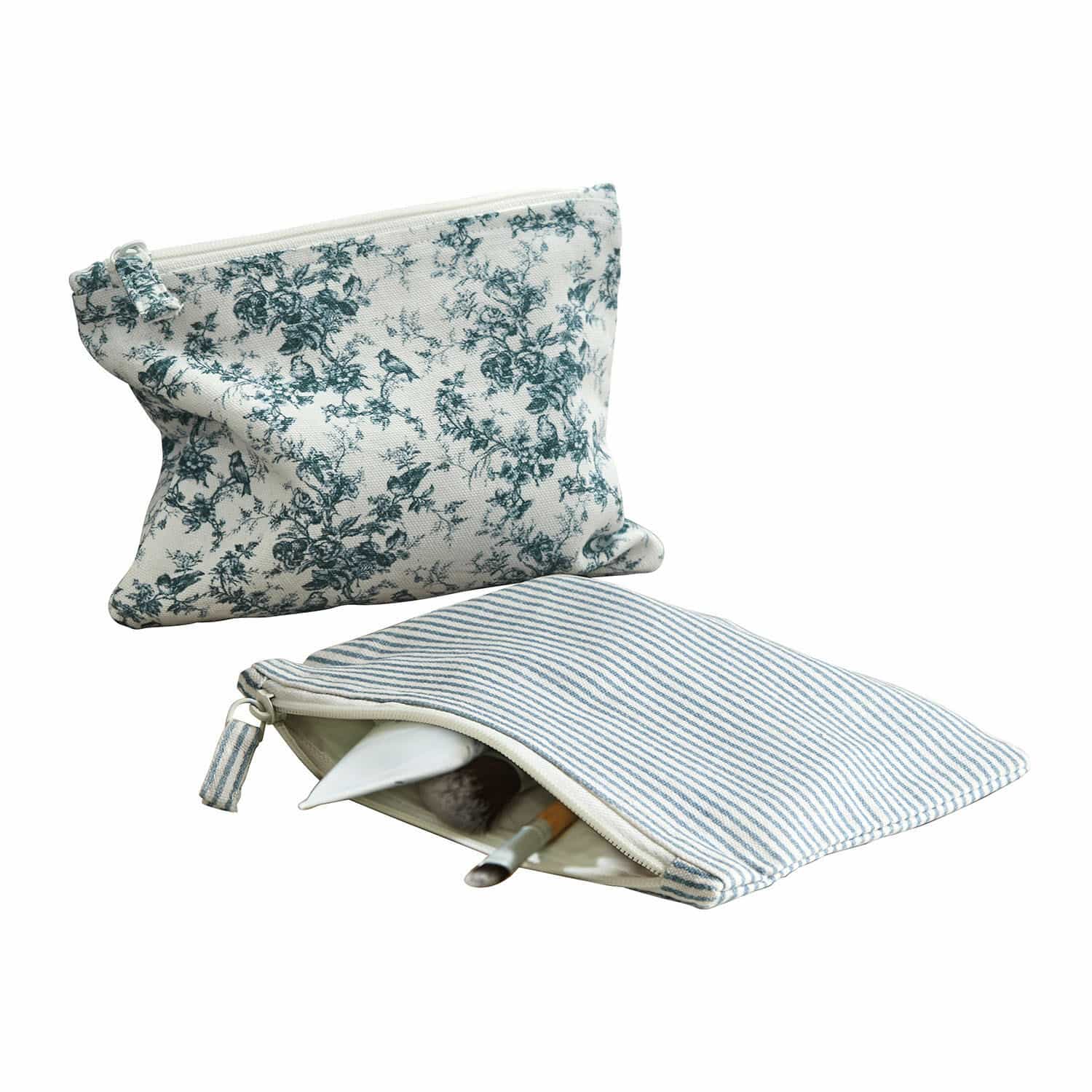 Täschchen 2er Set Emilie Zwei Kosmetiktaschen aus Baumwolle mit blau-weißem Streifen- und Blumenmuster für Make-up