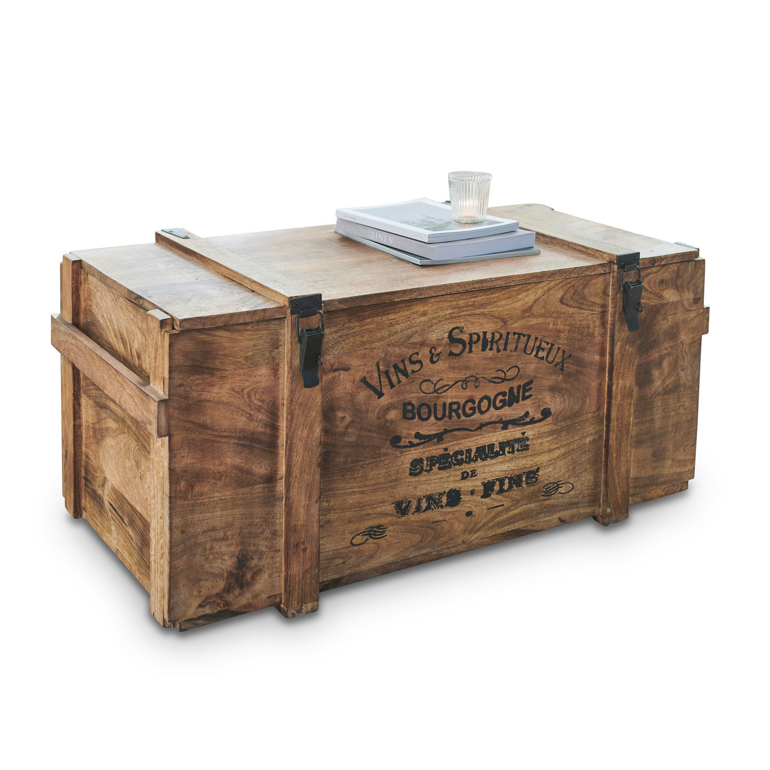 Truhe Eskeny Dekorative Holzkiste mit Metallverschlüssen und französischem Schriftzug, natürliche Holzfarbe