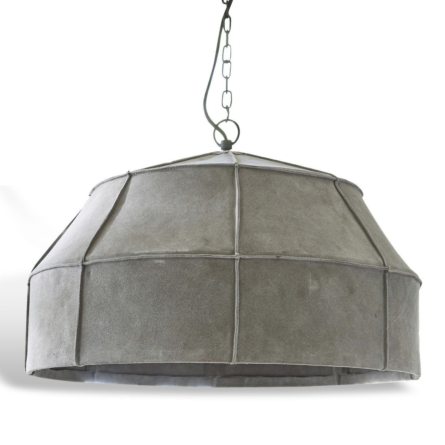 Grauer Lampenschirm aus Wildleder mit Metallkette, moderner Deckenleuchter
