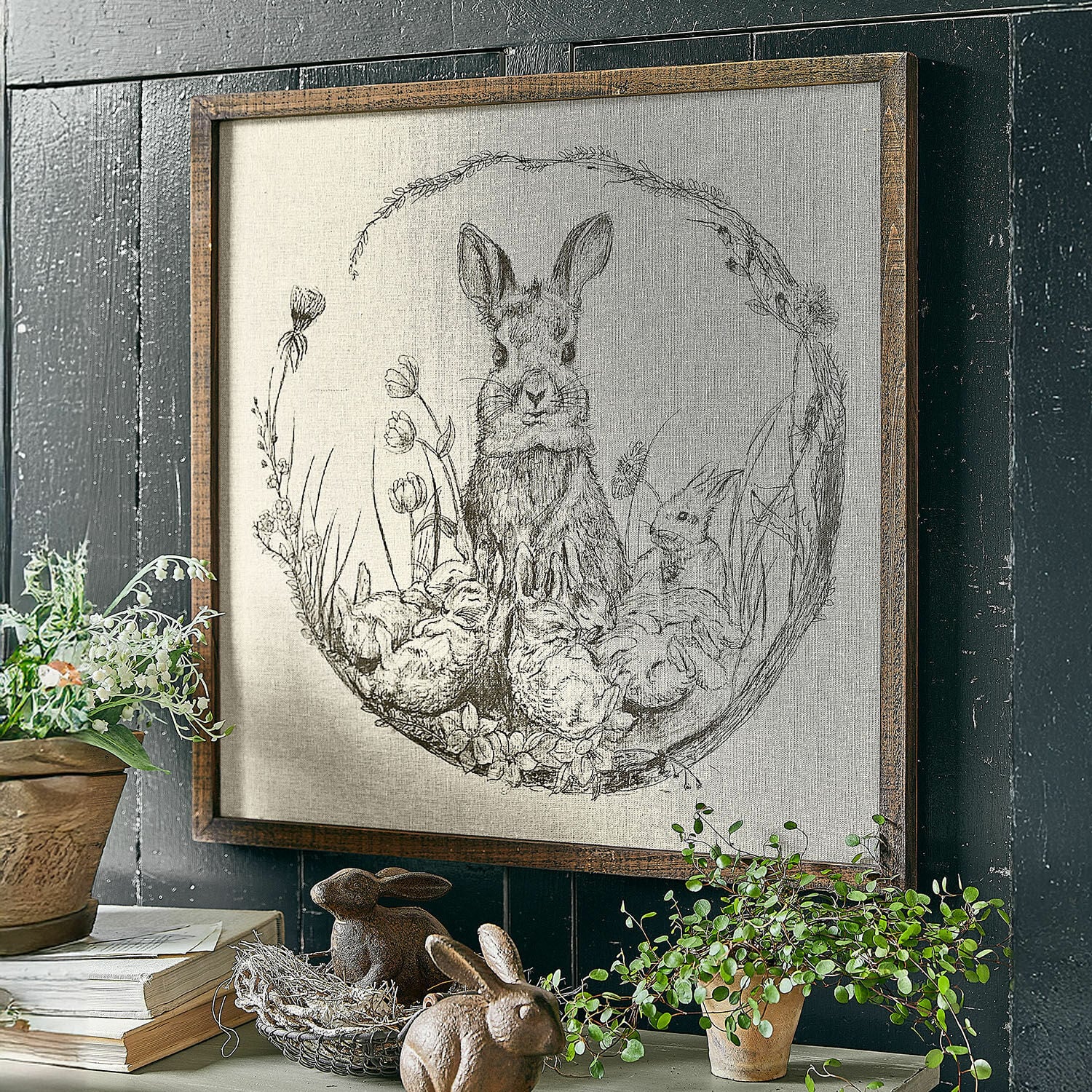 Bild Orolac Bild mit Hasen- und Blumenzeichnung in Holzrahmen, rustikale Wanddekoration