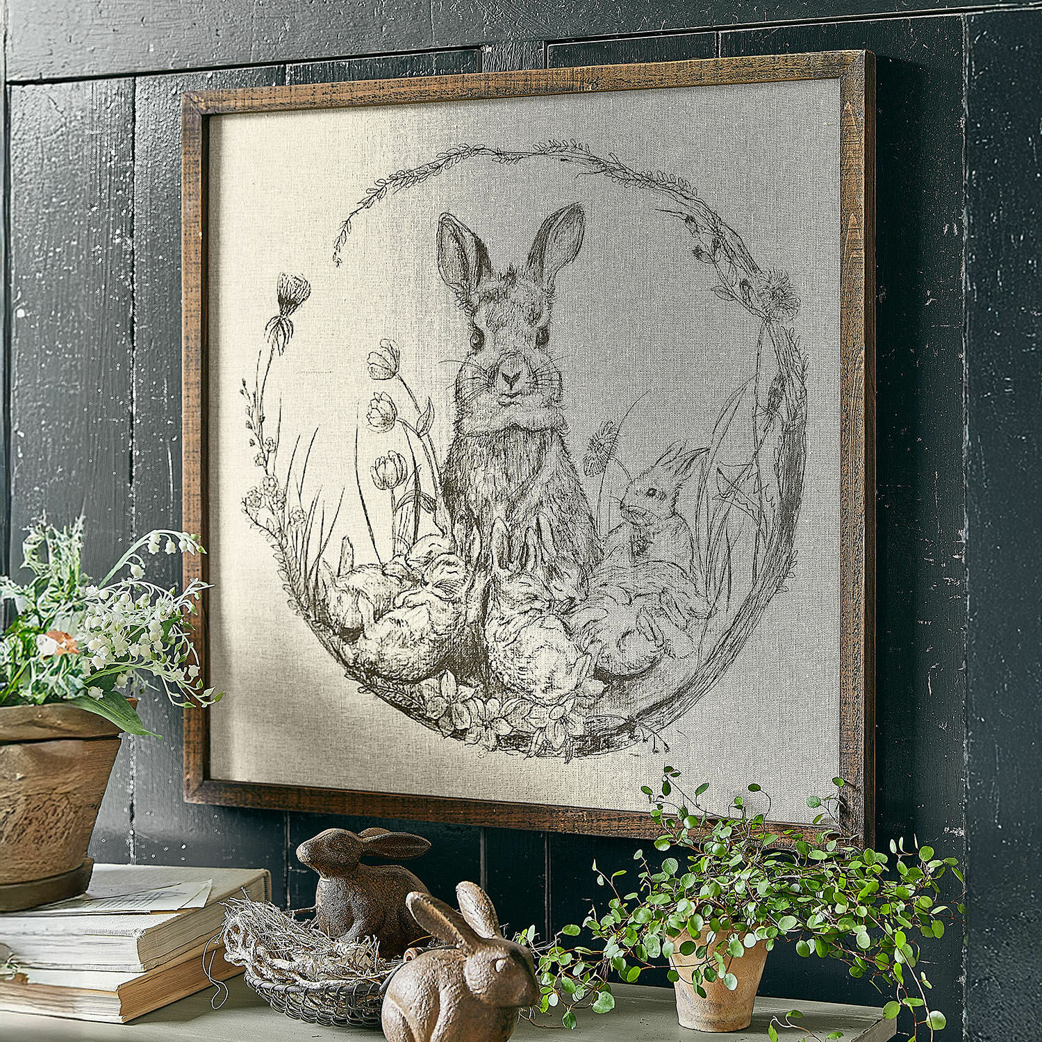 Bild Orolac Bild mit Hasen- und Blumenzeichnung in Holzrahmen, rustikale Wanddekoration