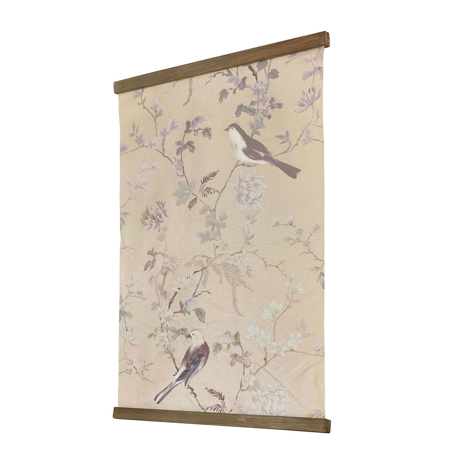 Bild Florémont Dekorativer Wandbehang aus beigem Stoff mit Vogel- und Blumenmotiv, Holzrahmen oben und unten