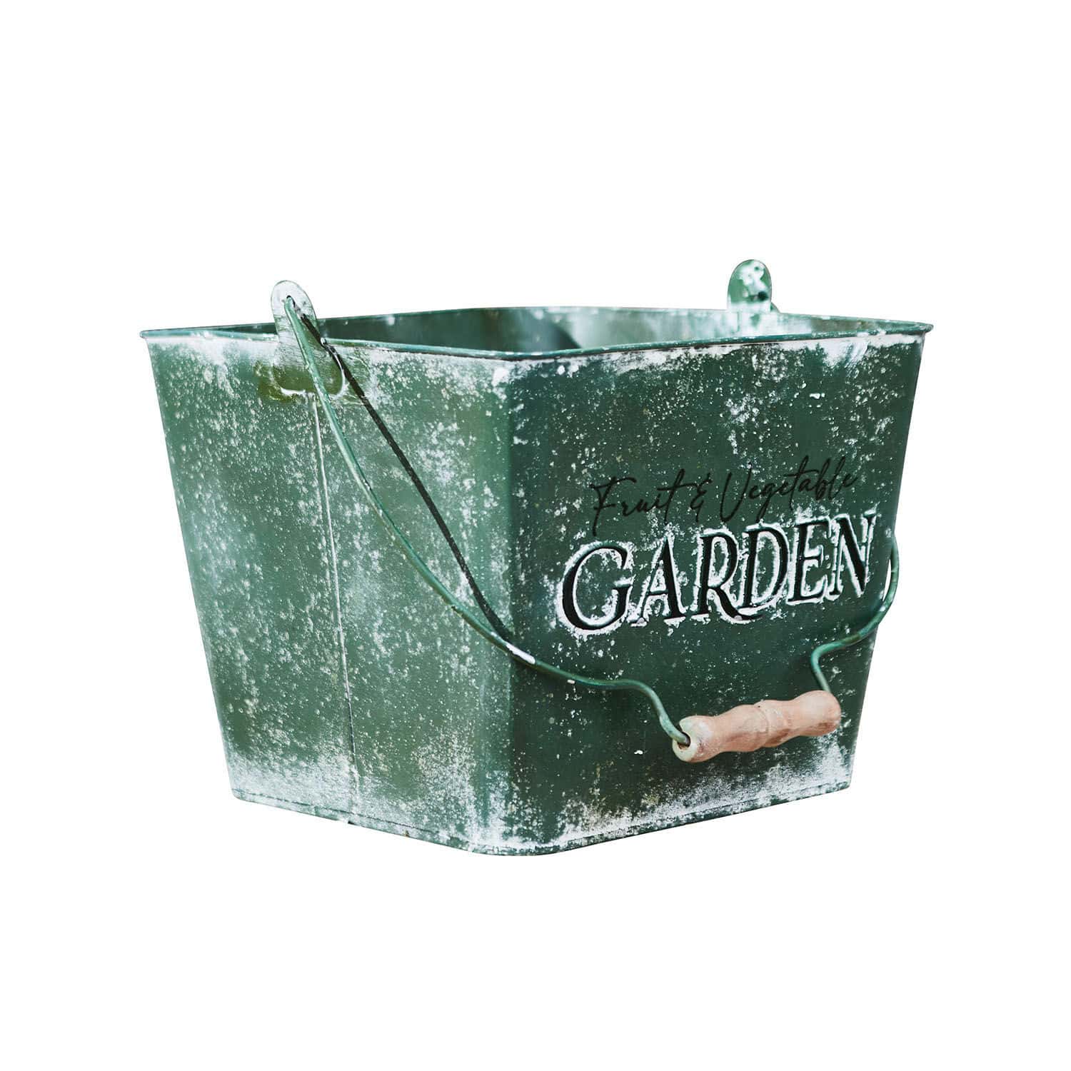 Grüner Metall-Garteneimer mit Holzgriff und Aufschrift Garden zum Sammeln von Obst und Gemüse